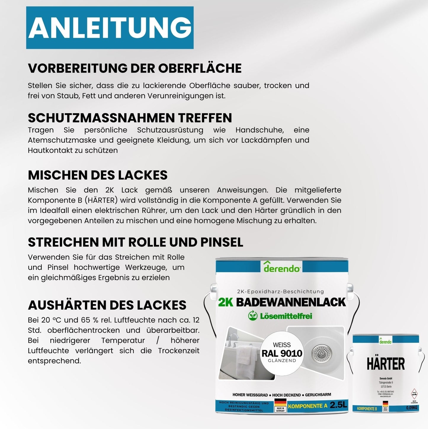 2K Badewannenlack weiß - RAL 9010 in 1.0 kg – Produktbild von Derendo
