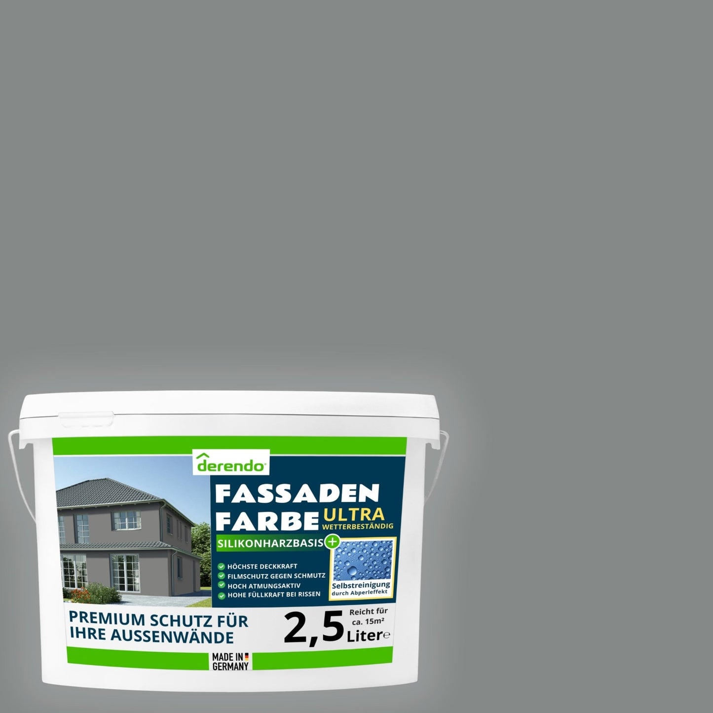 Derendo Fassadenfarbe Betongrau mit ULTRA Wetterschutz und Abperleffekt - 4251604914620 - Derendo