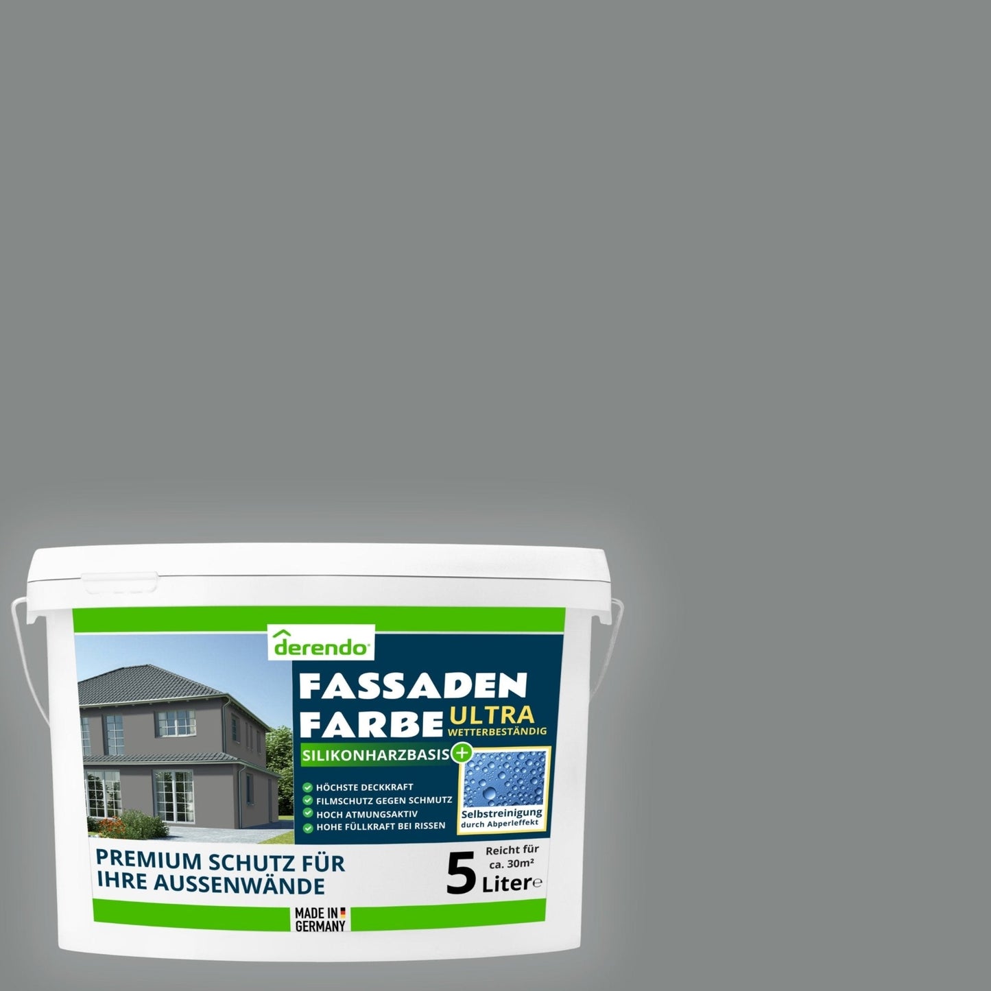 Derendo Fassadenfarbe Betongrau mit ULTRA Wetterschutz und Abperleffekt - 4251604920379 - Derendo
