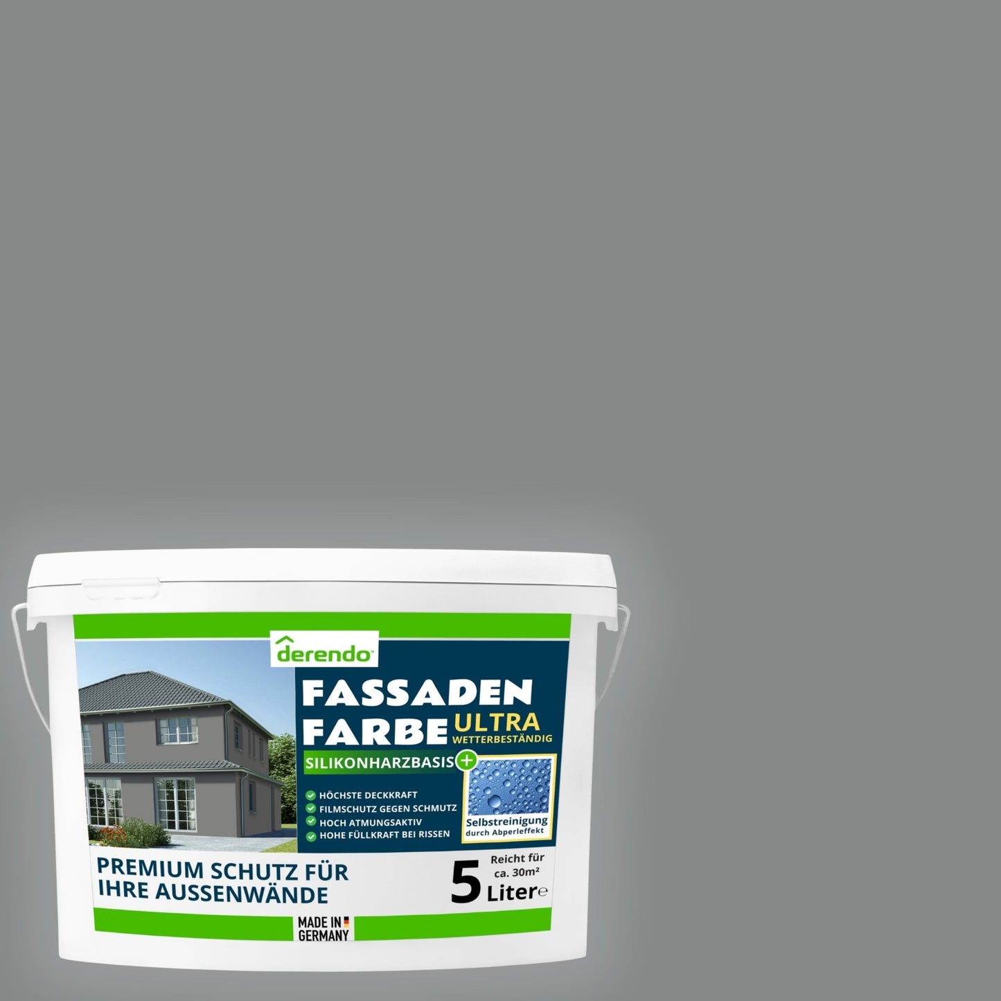 Derendo Fassadenfarbe Betongrau mit ULTRA Wetterschutz und Abperleffekt - 4251604920379 - Derendo