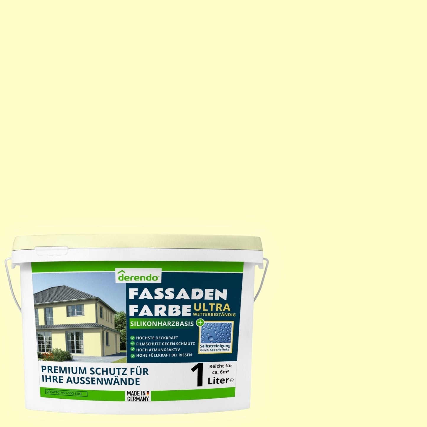 Derendo Fassadenfarbe Buttergelb mit ULTRA Wetterschutz und Abperleffekt - 4251604929594 - Derendo