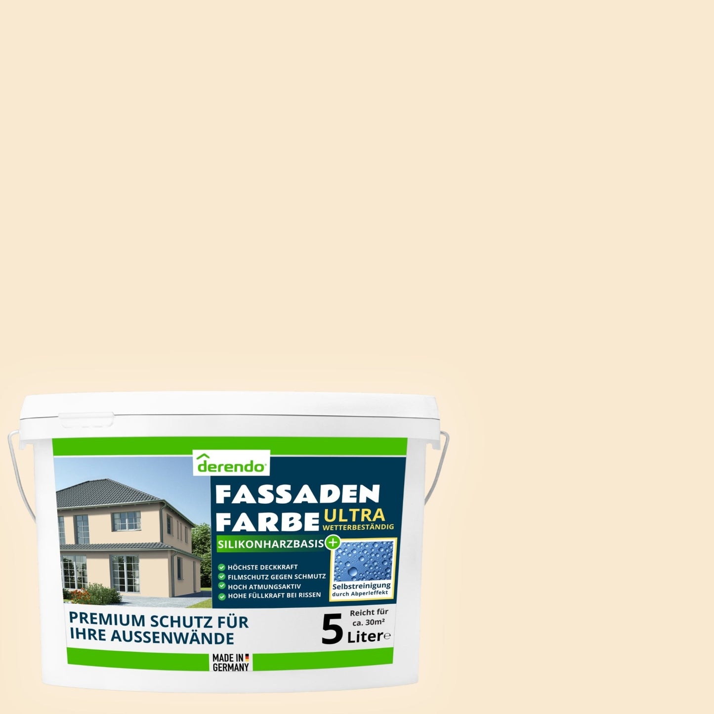 Derendo Fassadenfarbe Cremebeige mit ULTRA Wetterschutz und Abperleffekt - 4251604920294 - Derendo