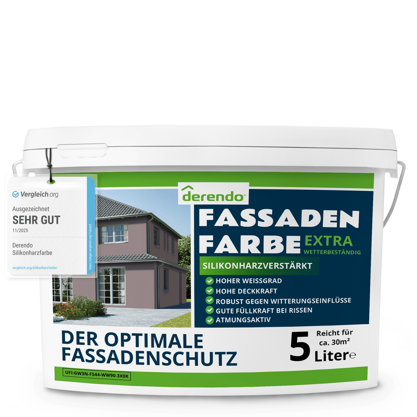 Derendo Fassadenfarbe Felsbraun mit EXTRA Wetterschutz in 5 Liter – Produktbild von Derendo
