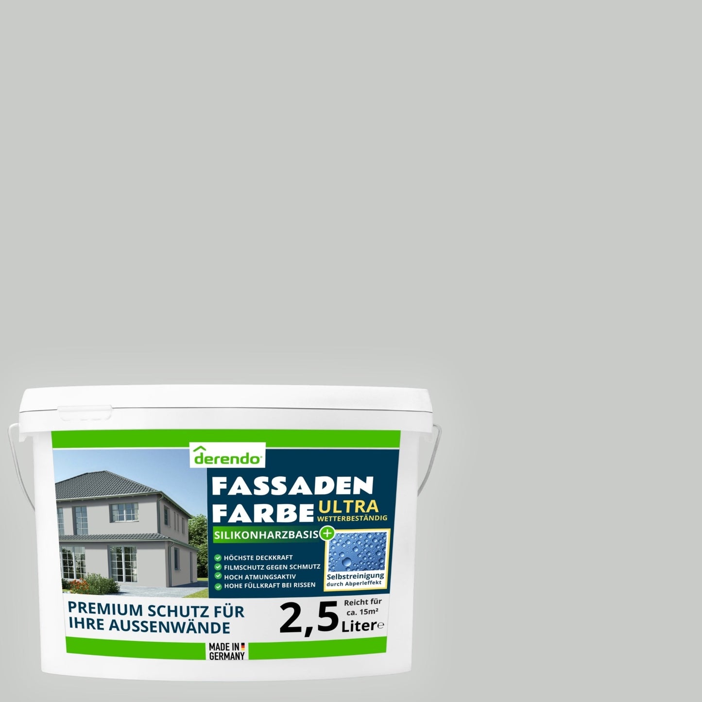 Derendo Fassadenfarbe Hellgrau mit ULTRA Wetterschutz und Abperleffekt - 4251604914668 - Derendo