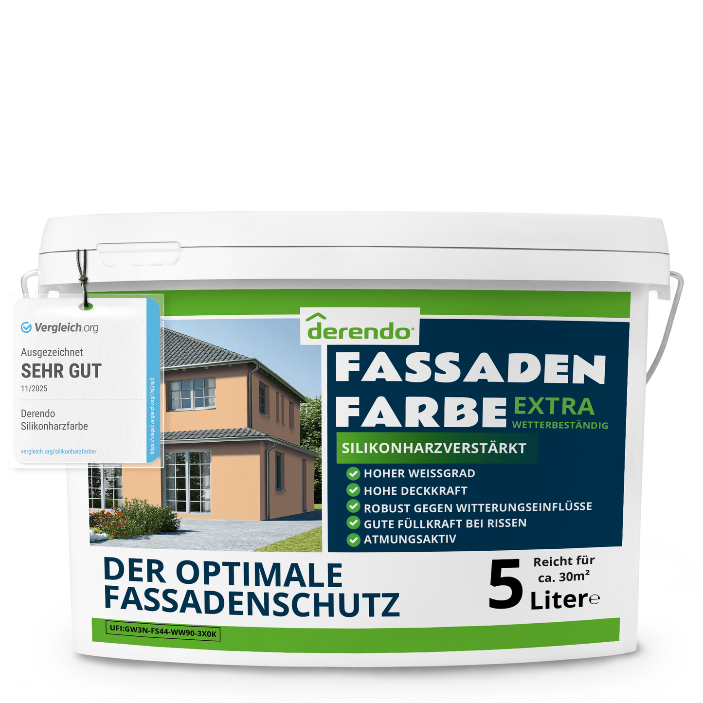 Derendo Fassadenfarbe Hellorange mit EXTRA Wetterschutz in 5 Liter – Produktbild von Derendo