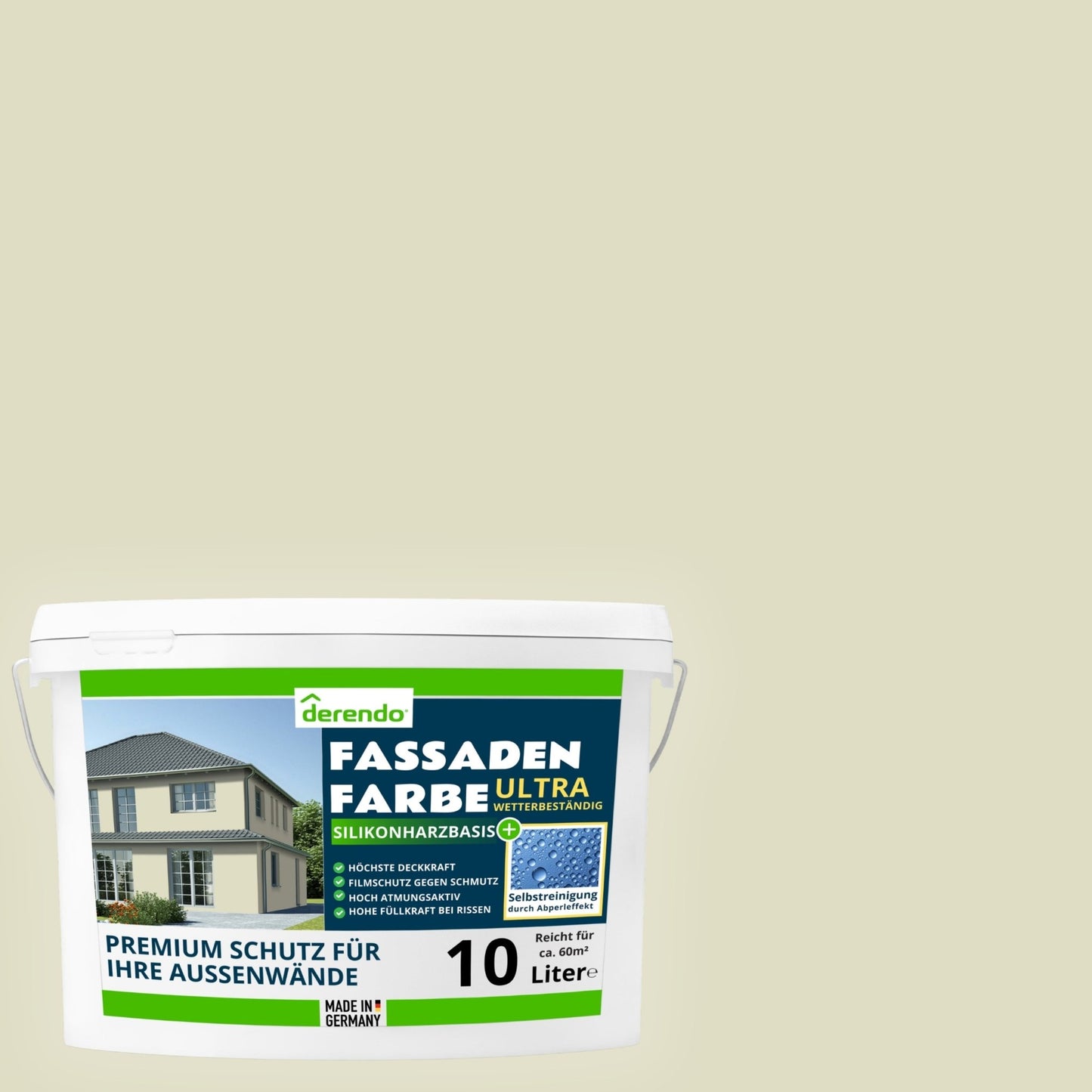 Derendo Fassadenfarbe Mauvegruen mit ULTRA Wetterschutz und Abperleffekt - 4251604915795 - Derendo