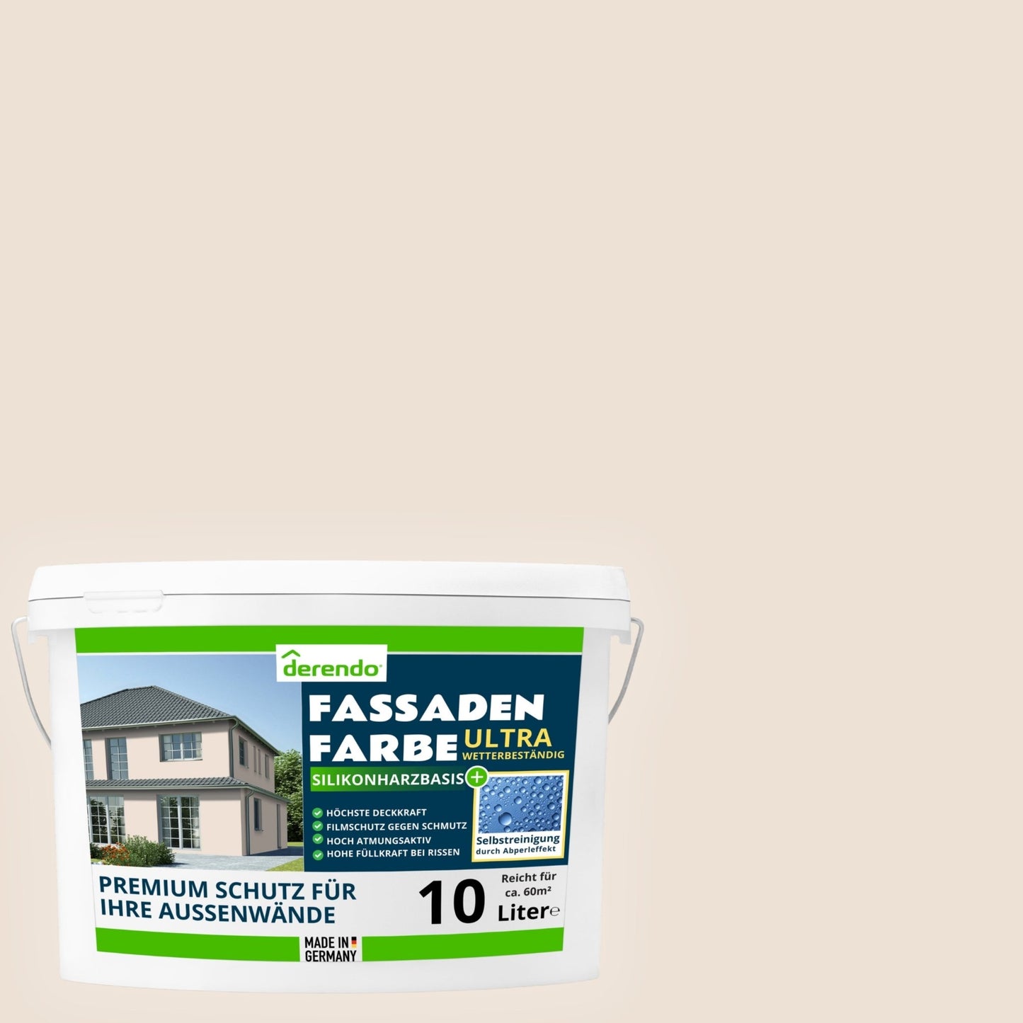 Derendo Fassadenfarbe Perlbeige mit ULTRA Wetterschutz und Abperleffekt - 4251604914859 - Derendo