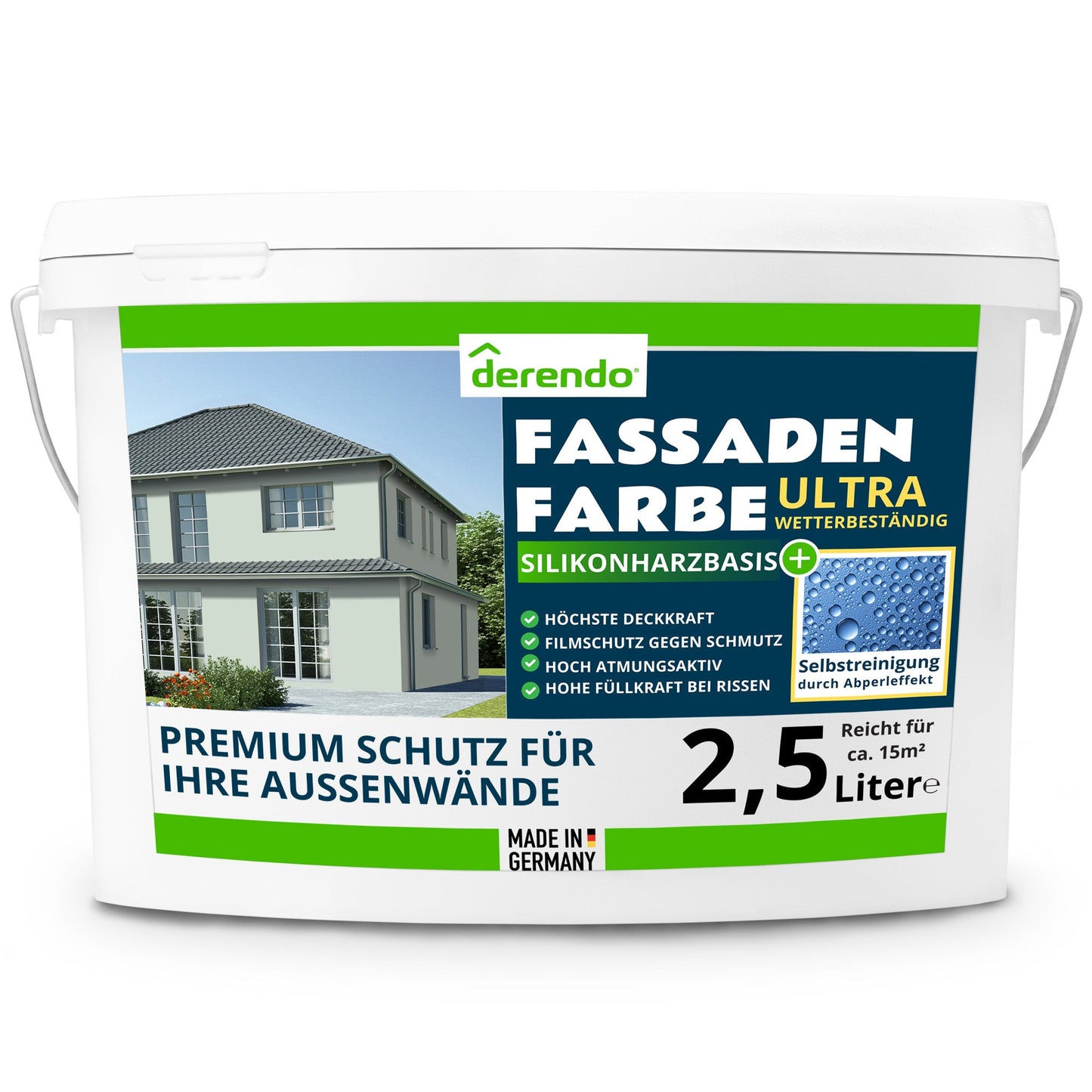 Derendo Fassadenfarbe Salbeigruen mit ULTRA Wetterschutz und Abperleffekt - 4251604915825 - Derendo