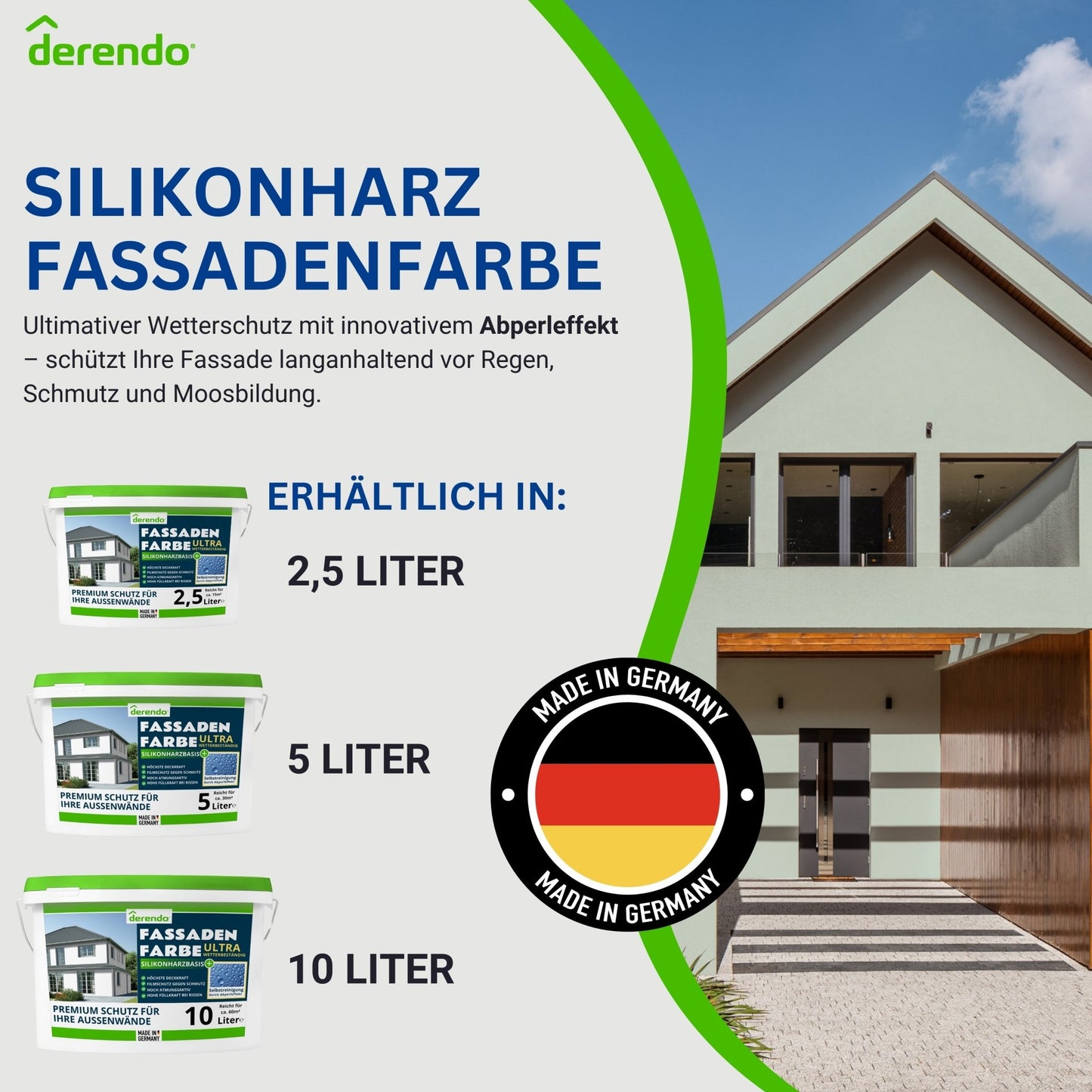 Derendo Fassadenfarbe Salbeigruen mit ULTRA Wetterschutz und Abperleffekt - 4251604915771 - Derendo