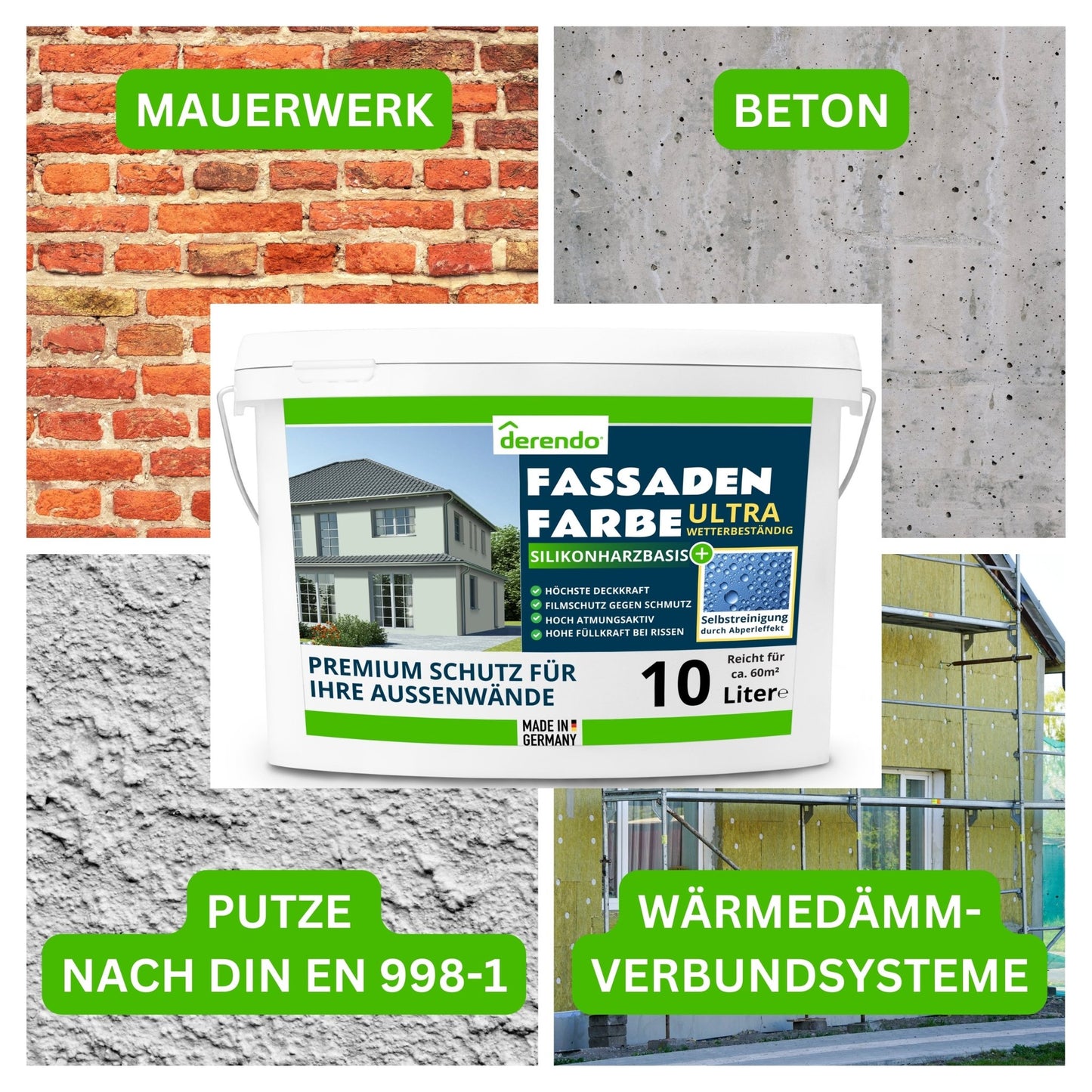 Derendo Fassadenfarbe Salbeigruen mit ULTRA Wetterschutz und Abperleffekt - 4251604915771 - Derendo