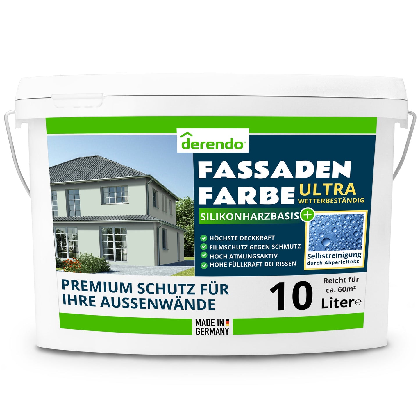 Derendo Fassadenfarbe Salbeigruen mit ULTRA Wetterschutz und Abperleffekt - 4251604915771 - Derendo