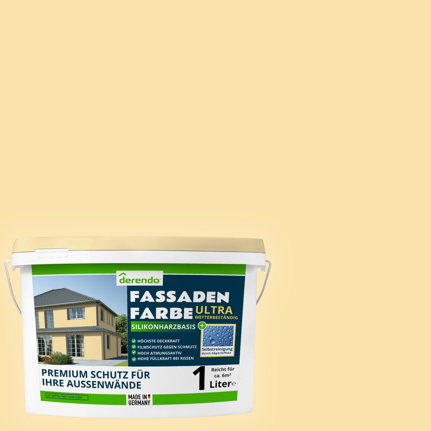 Derendo Fassadenfarbe Sandgelb mit ULTRA Wetterschutz und Abperleffekt - 4251604929617 - Derendo