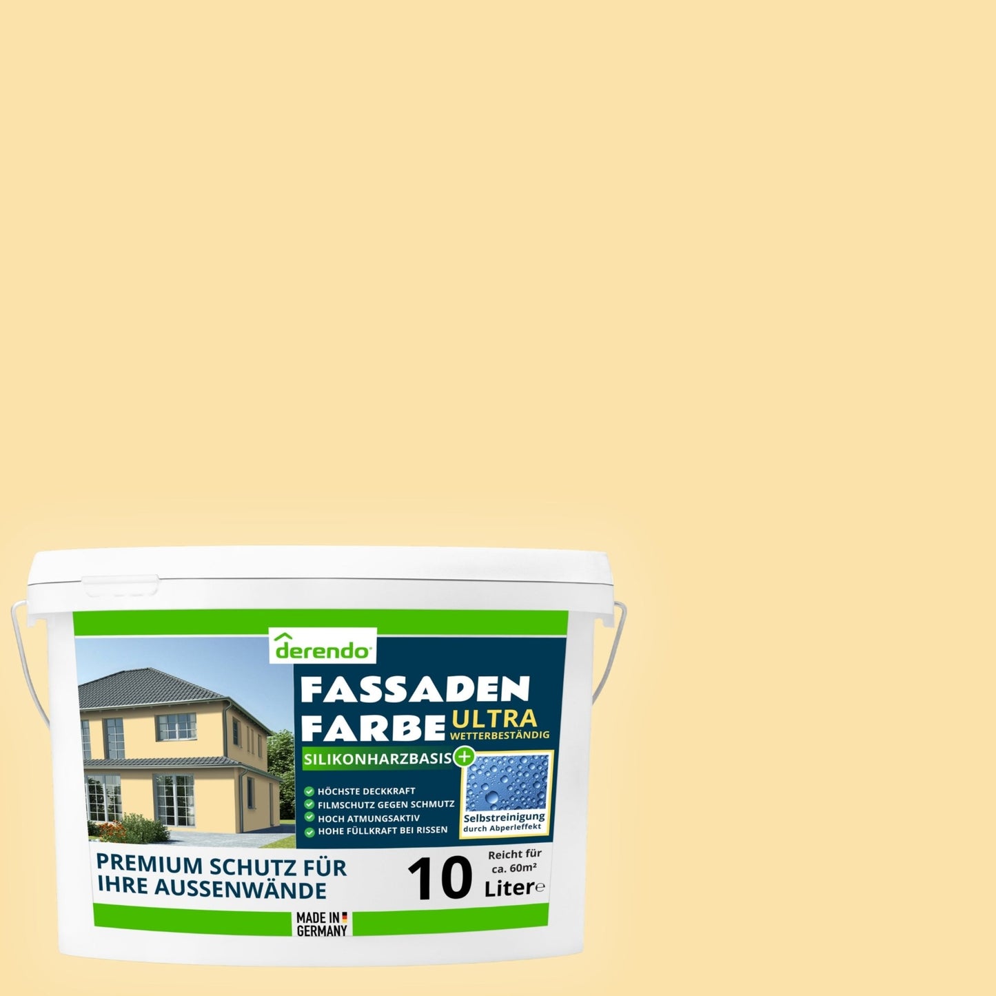 Derendo Fassadenfarbe Sandgelb mit ULTRA Wetterschutz und Abperleffekt - 4251604914712 - Derendo