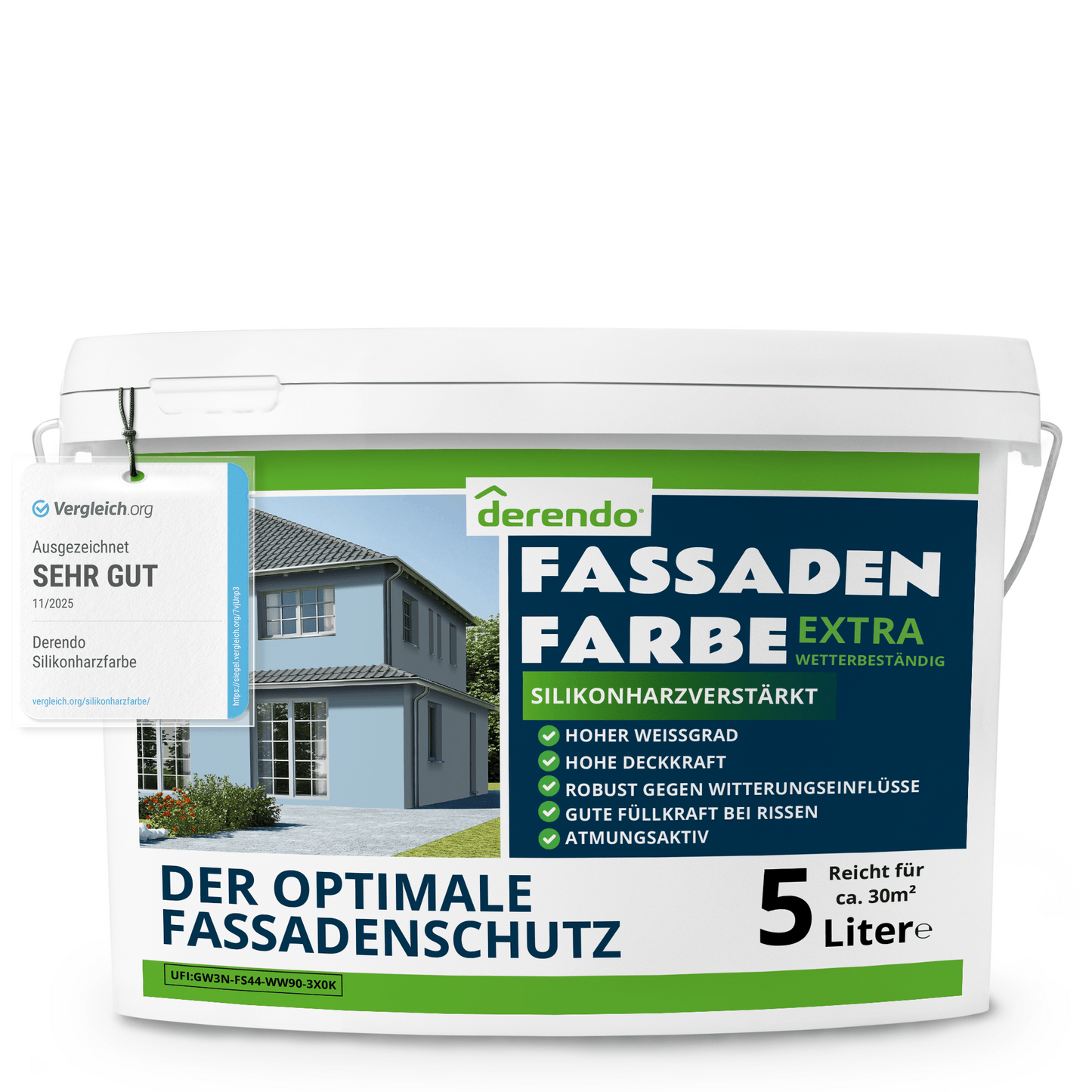 Derendo Fassadenfarbe Taubenblau mit EXTRA Wetterschutz in 5 Liter – Produktbild von Derendo