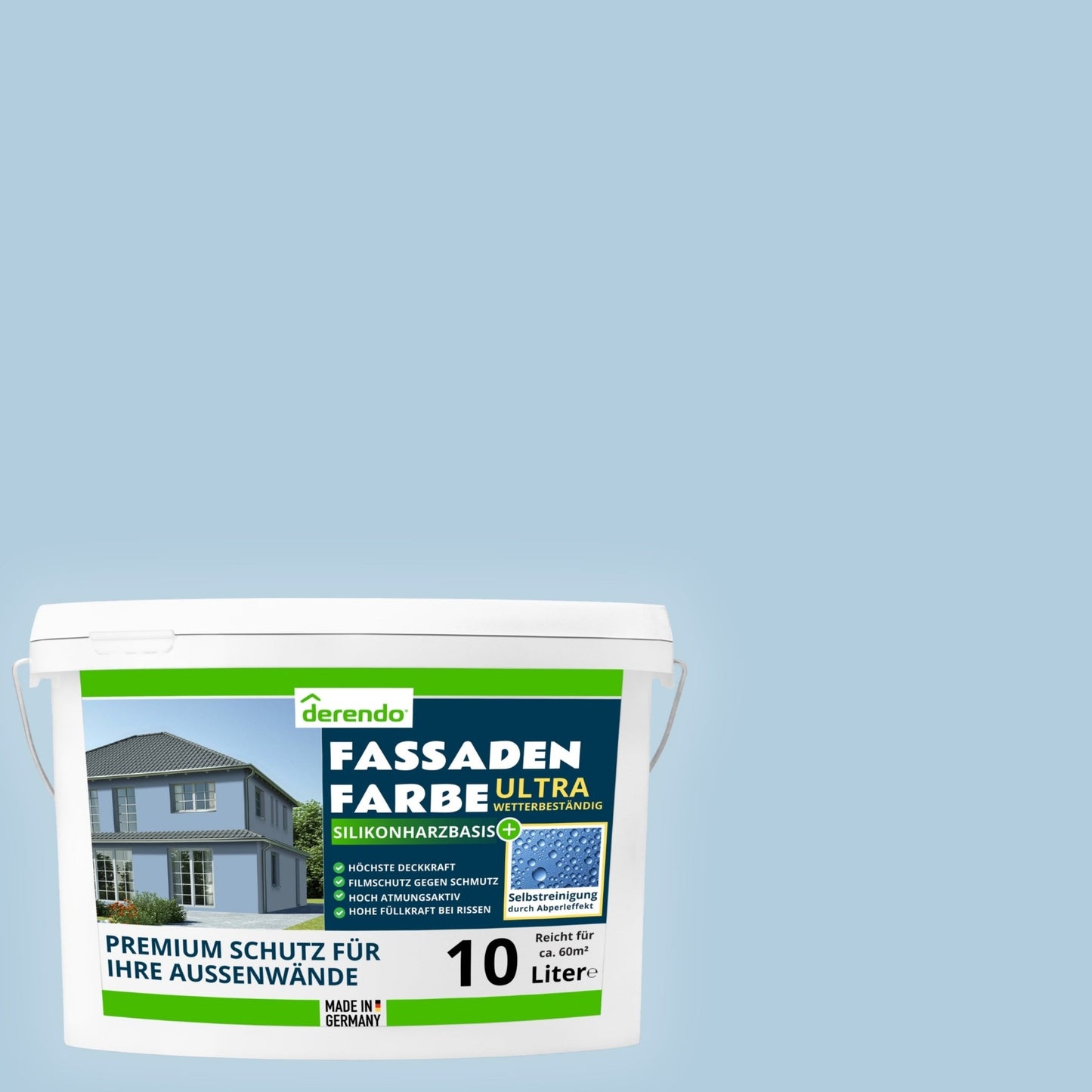 Derendo Fassadenfarbe Taubenblau mit ULTRA Wetterschutz und Abperleffekt - 4251604915931 - Derendo