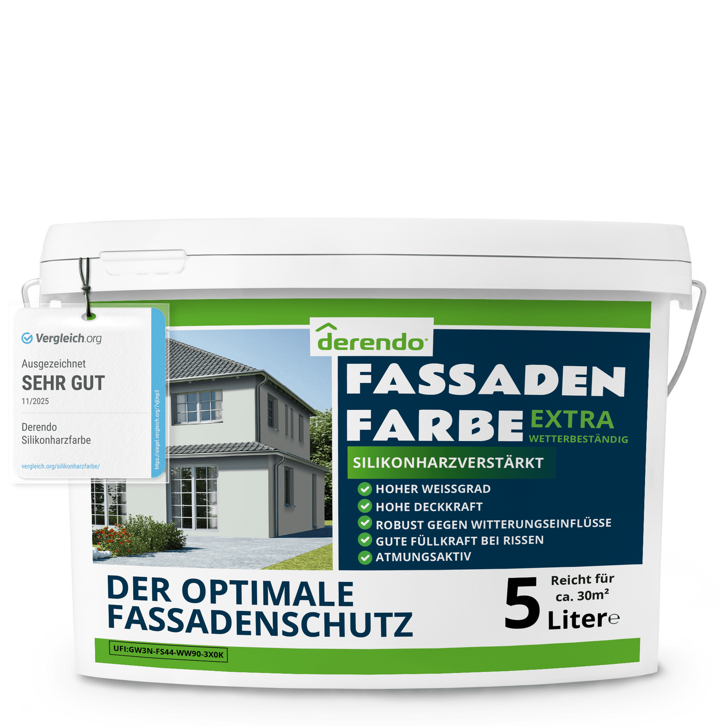 Derendo Fassadenfarbe Weissgruen mit EXTRA Wetterschutz in 5 Liter – Produktbild von Derendo