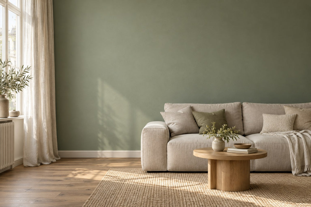 Heller Wohnraum mit salbeigrüner Wand und natürlichen Materialien