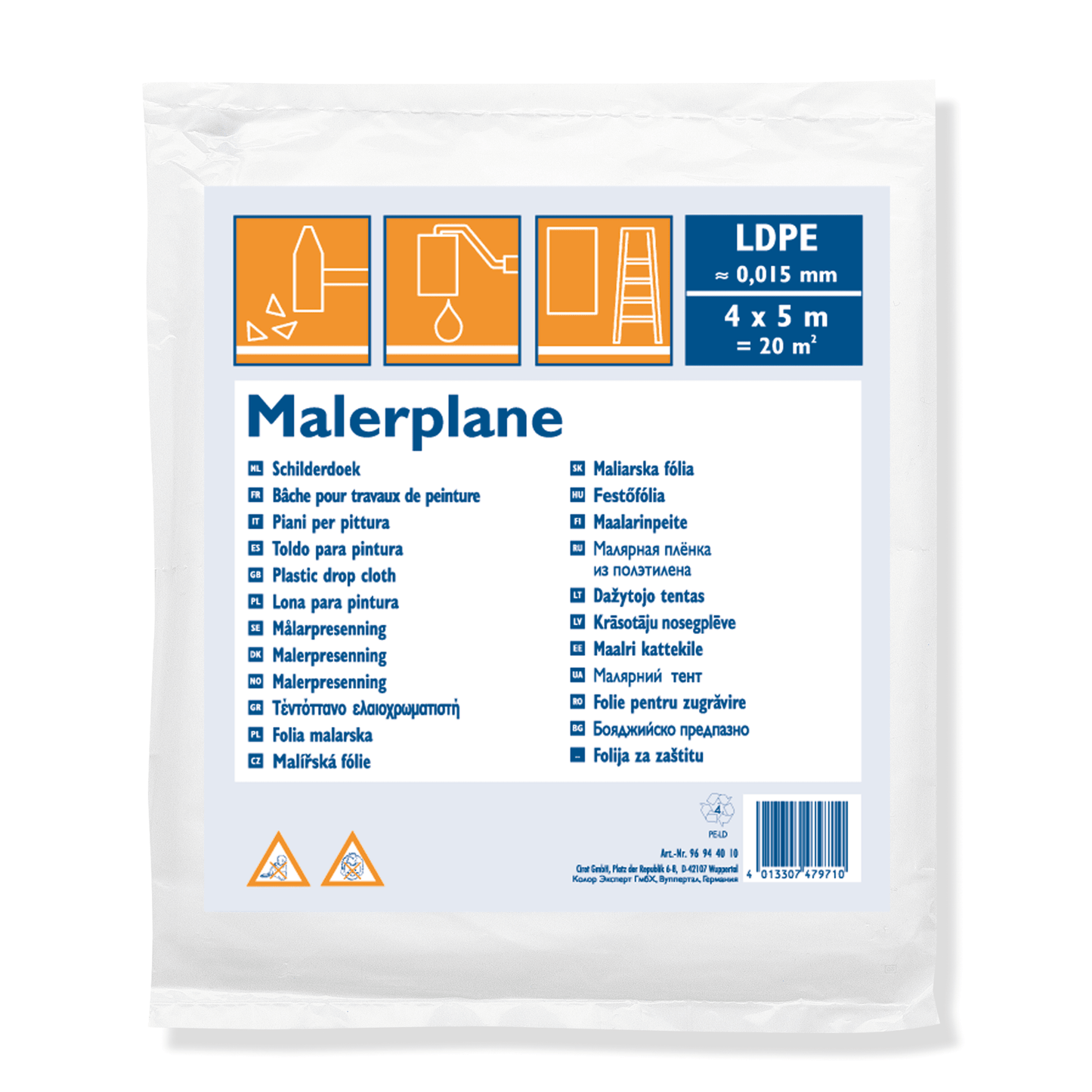 Derendo® Malerplane LDPE 15 µ – Abdeckplane 4 x 5 m (20 m²), reißfest & transparent für Renovierung und Malerarbeiten in – Produktbild von Derendo