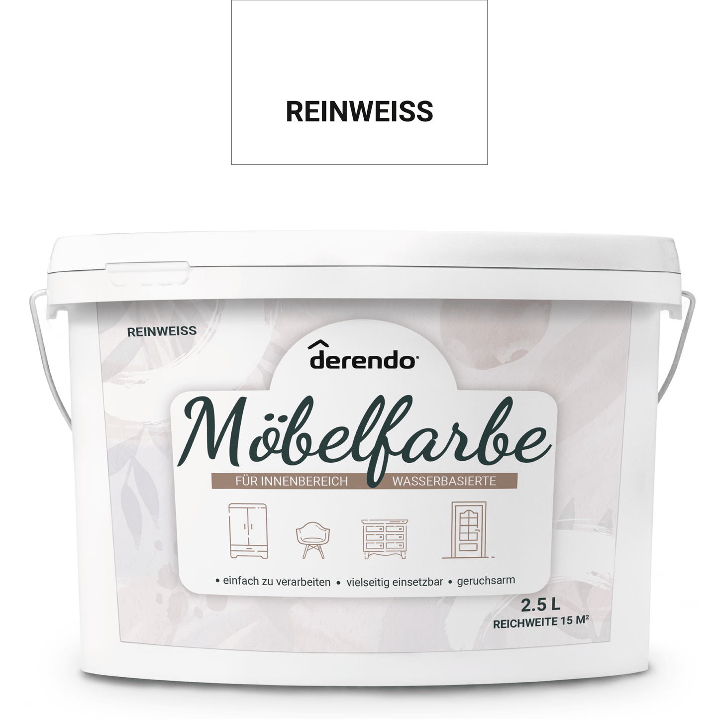 Derendo Möbelfarbe Reinweiss 2,5 L – Holzfarbe für Innen – Ohne Schleifen, Hochdeckend & Wasserbasiert – Für Möbel, Türen & Küchen – Umweltfreundlich & Geruchsarm - 4251604929662 - Derendo