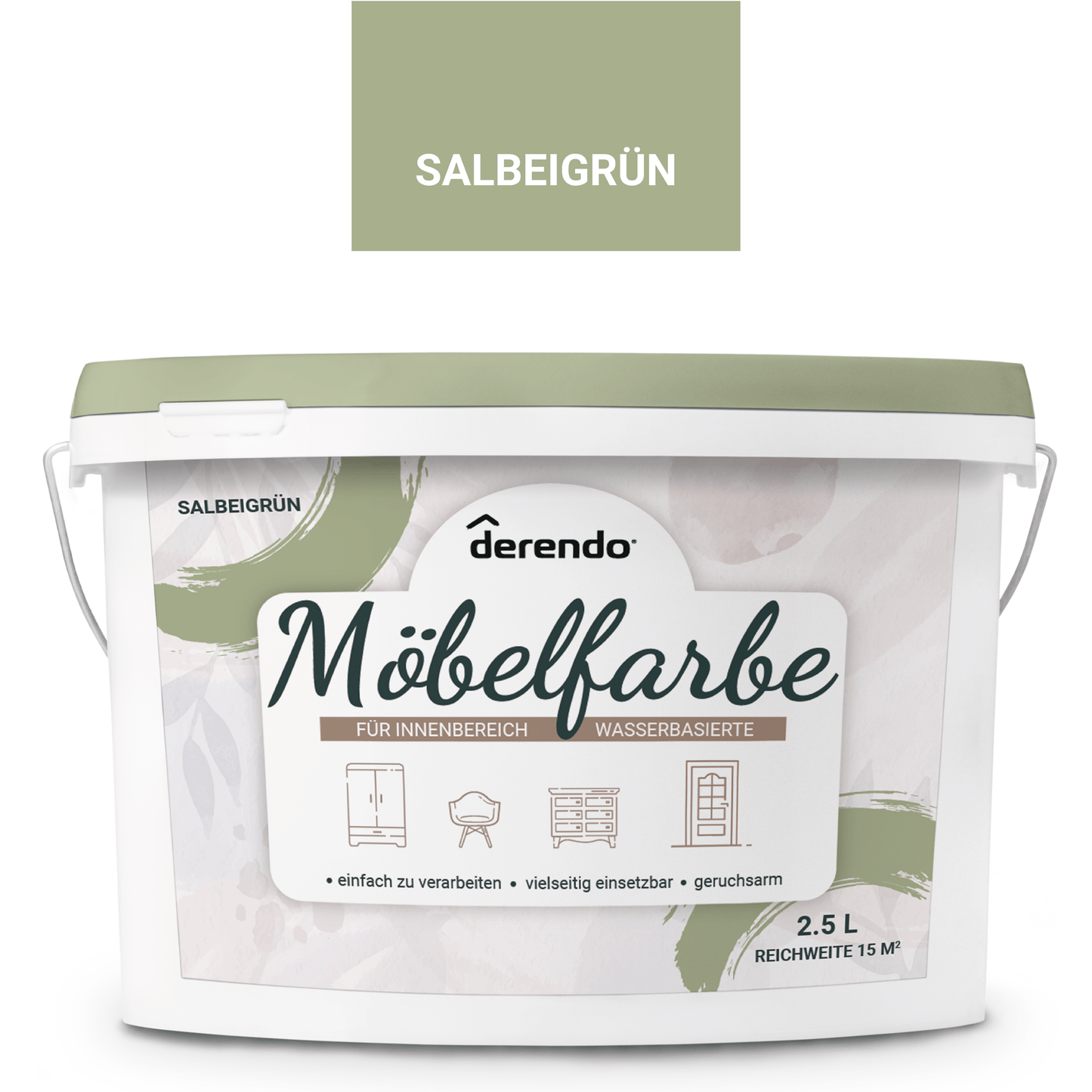 Derendo Möbelfarbe Salbeigrün 2,5 L – Holzfarbe für Innen – Ohne Schleifen, Hochdeckend & Wasserbasiert – Für Möbel, Türen & Küchen – Umweltfreundlich & Geruchsarm - 4251604929327 - Derendo