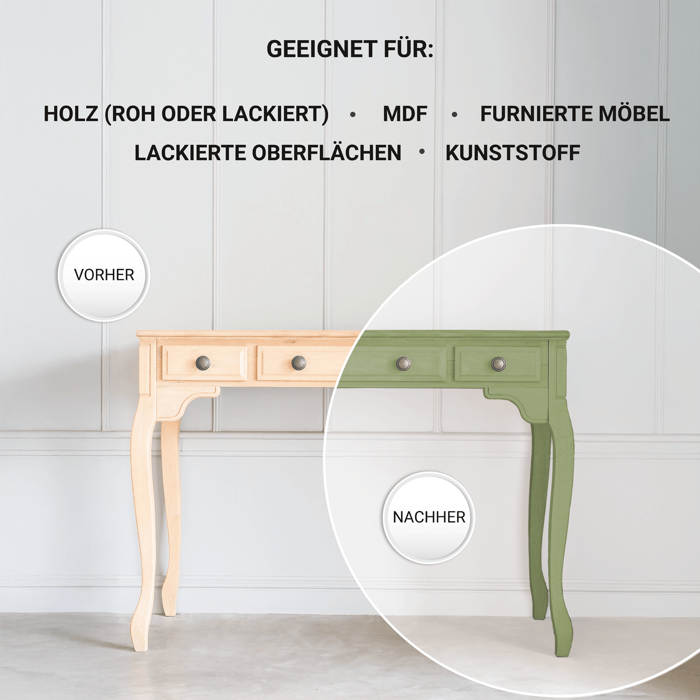 Derendo Möbelfarbe Salbeigrün 2,5 L – Holzfarbe für Innen – Ohne Schleifen, Hochdeckend & Wasserbasiert – Für Möbel, Türen & Küchen – Umweltfreundlich & Geruchsarm - 4251604929327 - Derendo