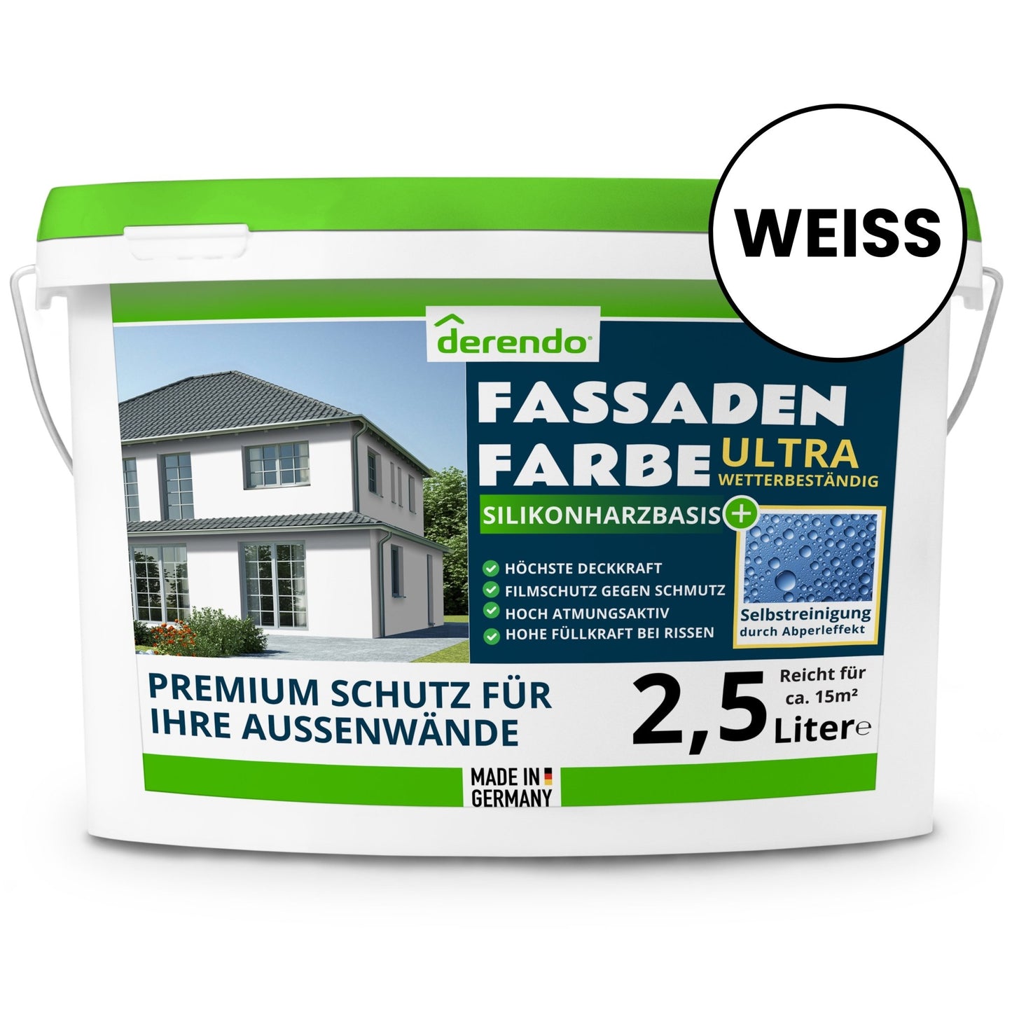 Derendo Silikonharz Fassadenfarbe weiß mit ULTRA Wetterschutz durch Abperleffekt des Lotusblattes - 4251604918970 - Derendo