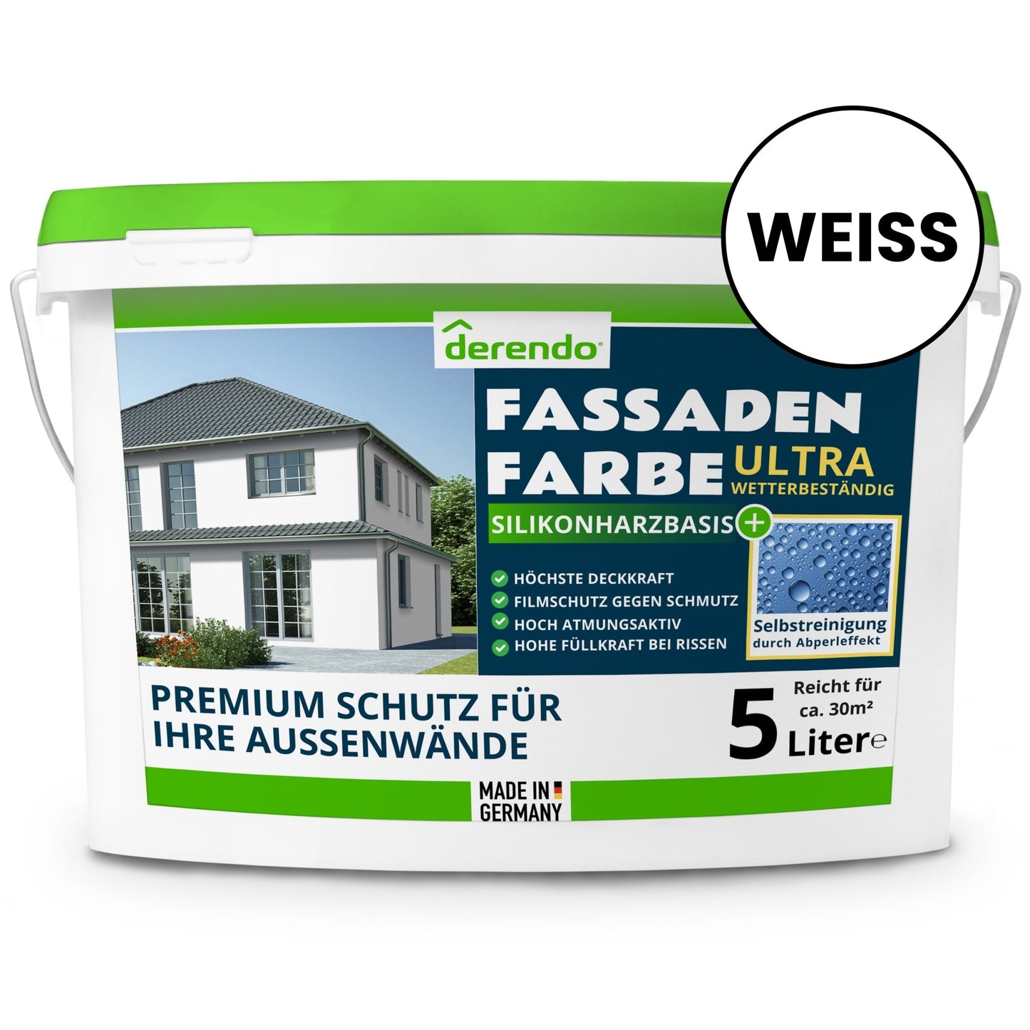 Derendo Silikonharz Fassadenfarbe weiß mit ULTRA Wetterschutz durch Abperleffekt des Lotusblattes - 4251604918956 - Derendo