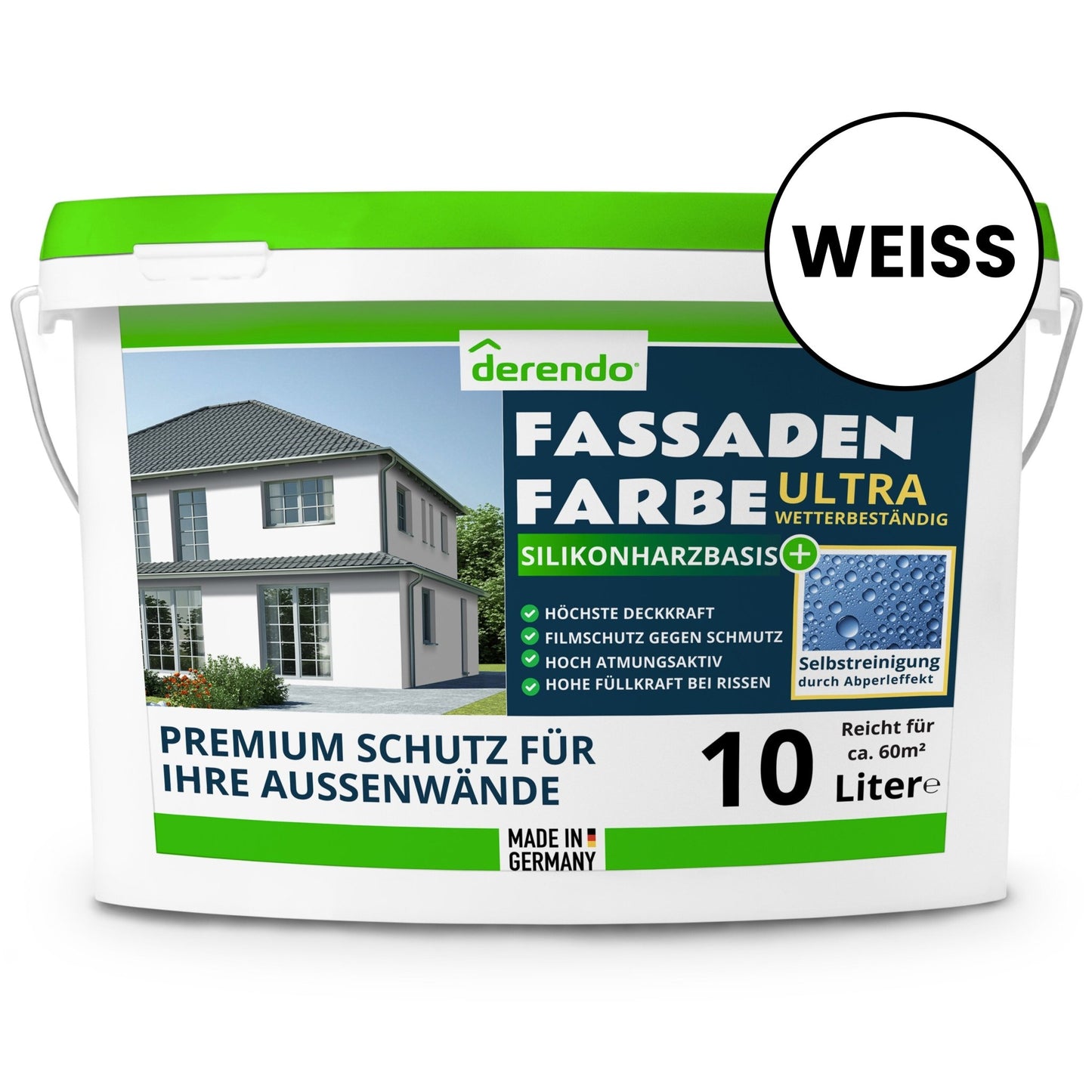 Derendo Silikonharz Fassadenfarbe weiß mit ULTRA Wetterschutz durch Abperleffekt des Lotusblattes - 4251604914026 - Derendo