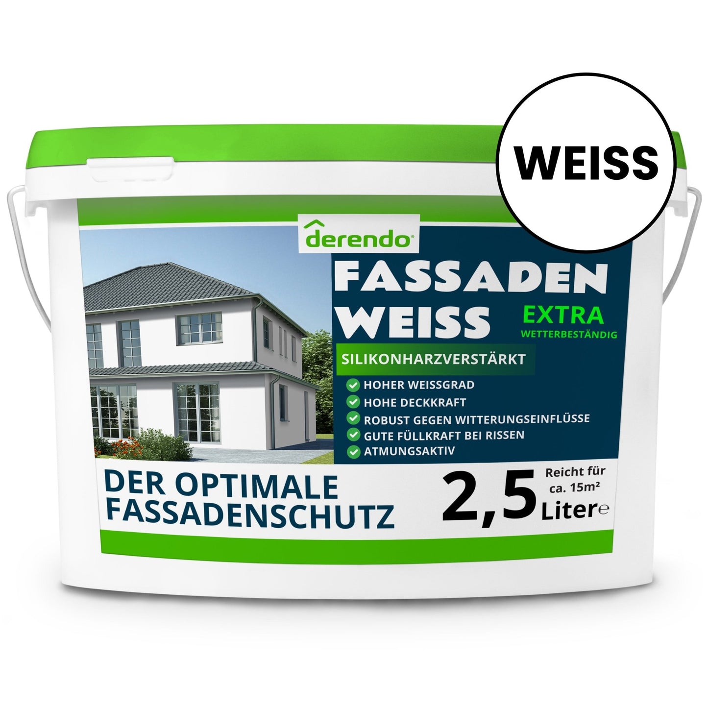 Derendo silikonharzverstärkte Fassadenfarbe weiß mit EXTRA Wetterschutz - 4251604918932 - Derendo
