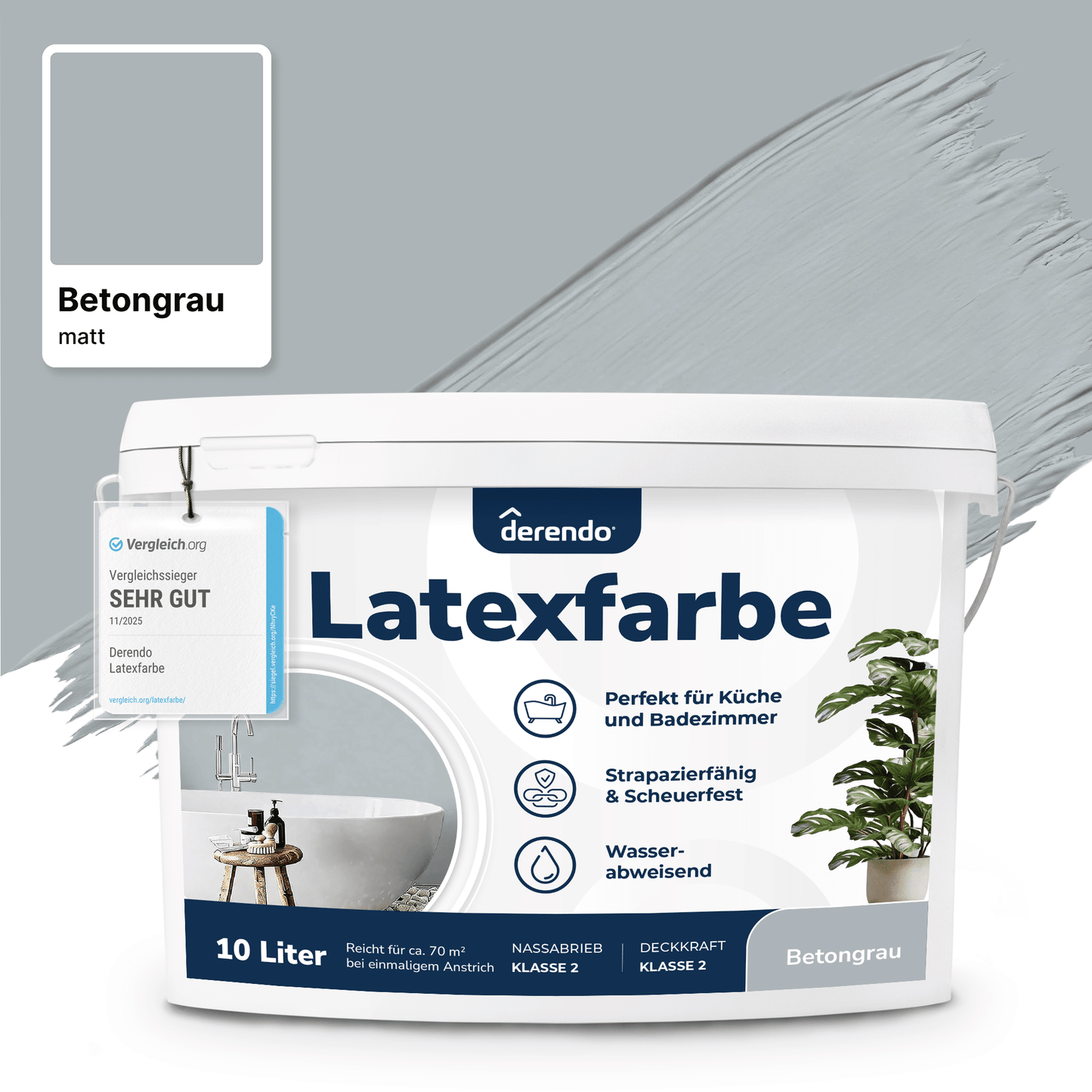 Derendo Wandfarbe Latexfarbe Betongrau Matt abwaschbar in 10 Liter – Produktbild von Derendo