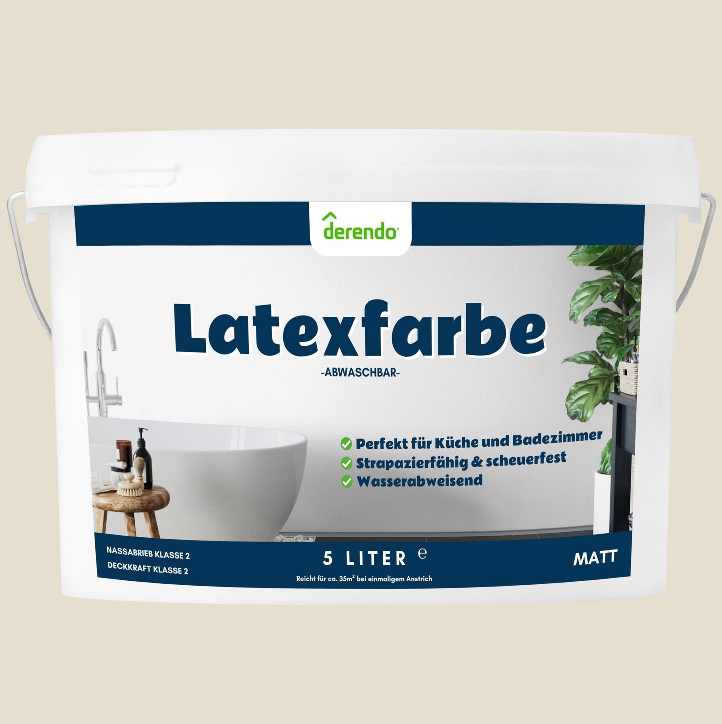 Derendo Wandfarbe Latexfarbe Graubeige Matt abwaschbar in 5 Liter – Produktbild von Derendo