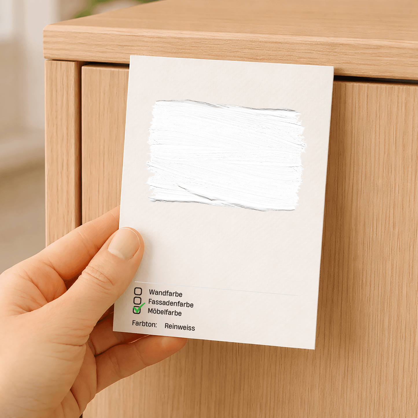 Farbmusterkarte A6 – mit echter Möbelfarbe handgestrichen auf Leinenstrukturkarton in Reinweiss – Produktbild von Derendo