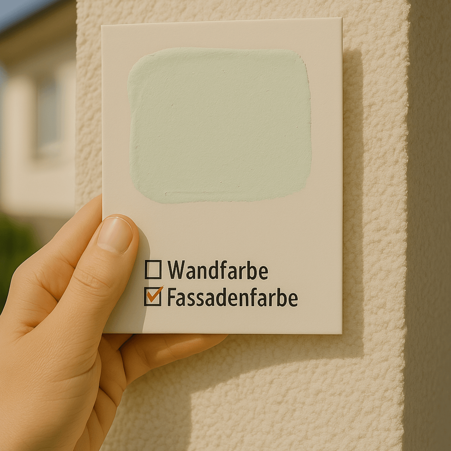 Farbmusterkarte A6 – mit echter Wand - oder Fassadenfarbe handgestrichen auf Leinenstrukturkarton - FK - FAF - Aprikose - Derendo