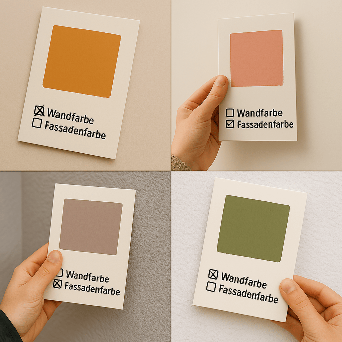 Farbmusterkarte A6 – mit echter Wand - oder Fassadenfarbe handgestrichen auf Leinenstrukturkarton - FK - FAF - Aprikose - Derendo