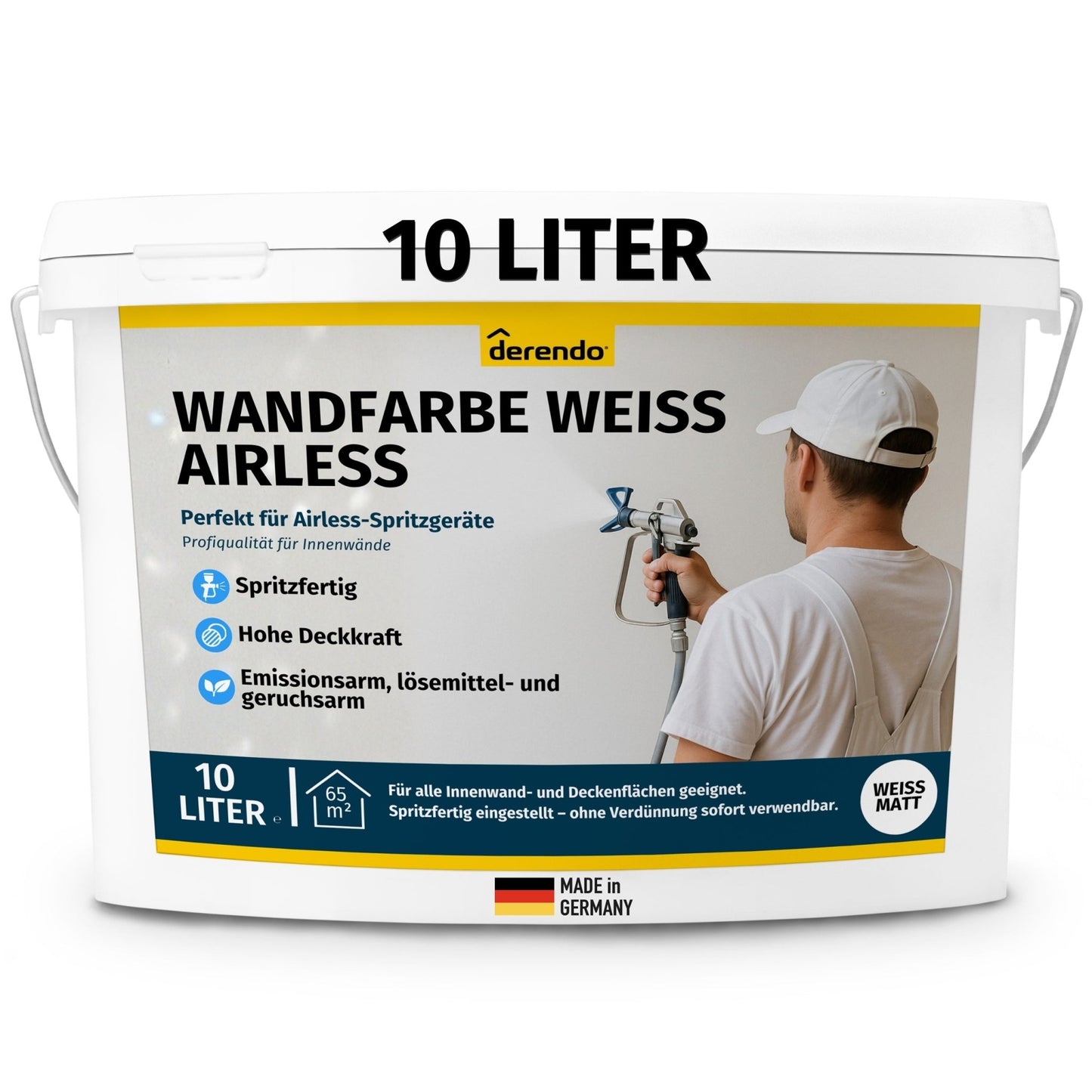 Wandfarbe Weiß für Airlessgerät – Direkt spritzfähig ohne Verdünnen in 10l – Produktbild von Derendo