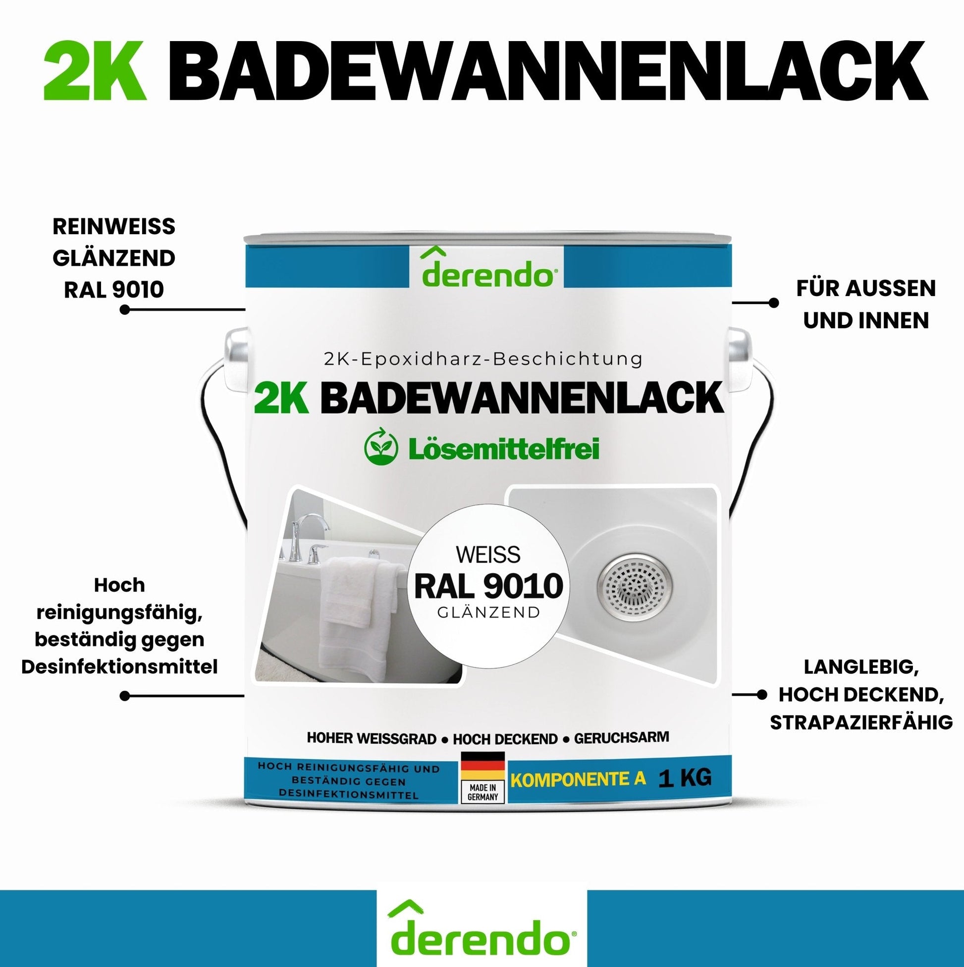 2K Badewannenlack weiß - RAL 9010 in 1.0 kg – Produktbild von Derendo