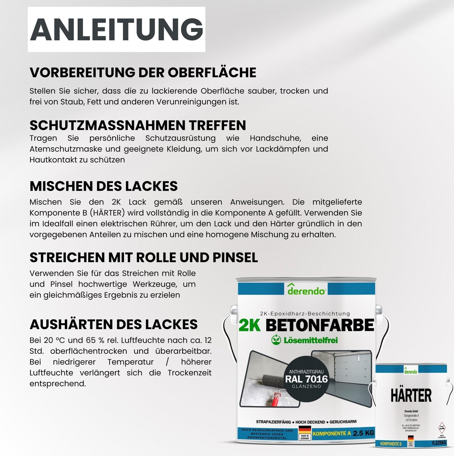 2K Betonfarbe Lack grau - RAL7016 in 2.5kg – Produktbild von Derendo