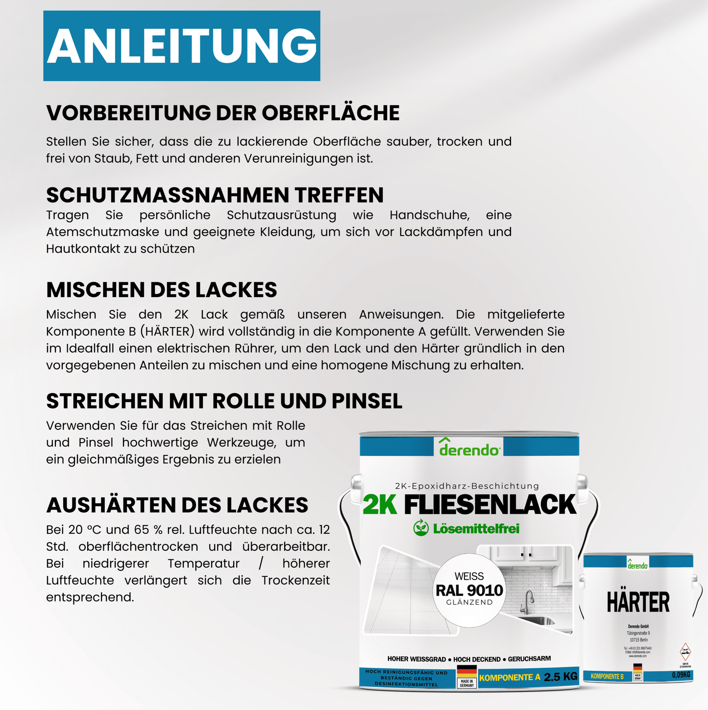 2K Fliesenlack weiß - RAL9010 in 1.0 kg – Produktbild von Derendo
