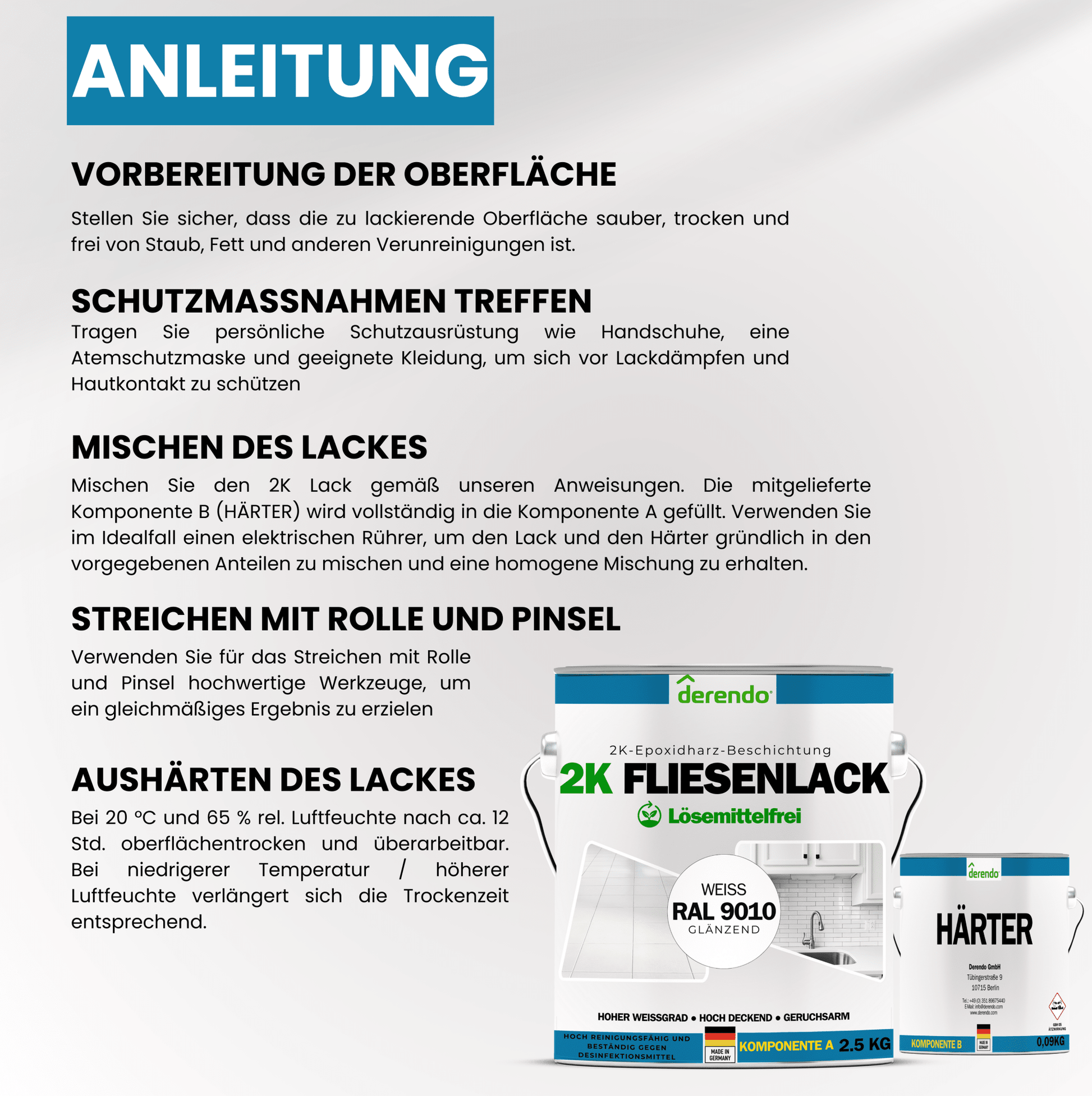2K Fliesenlack weiß - RAL9010 in 1.0 kg – Produktbild von Derendo