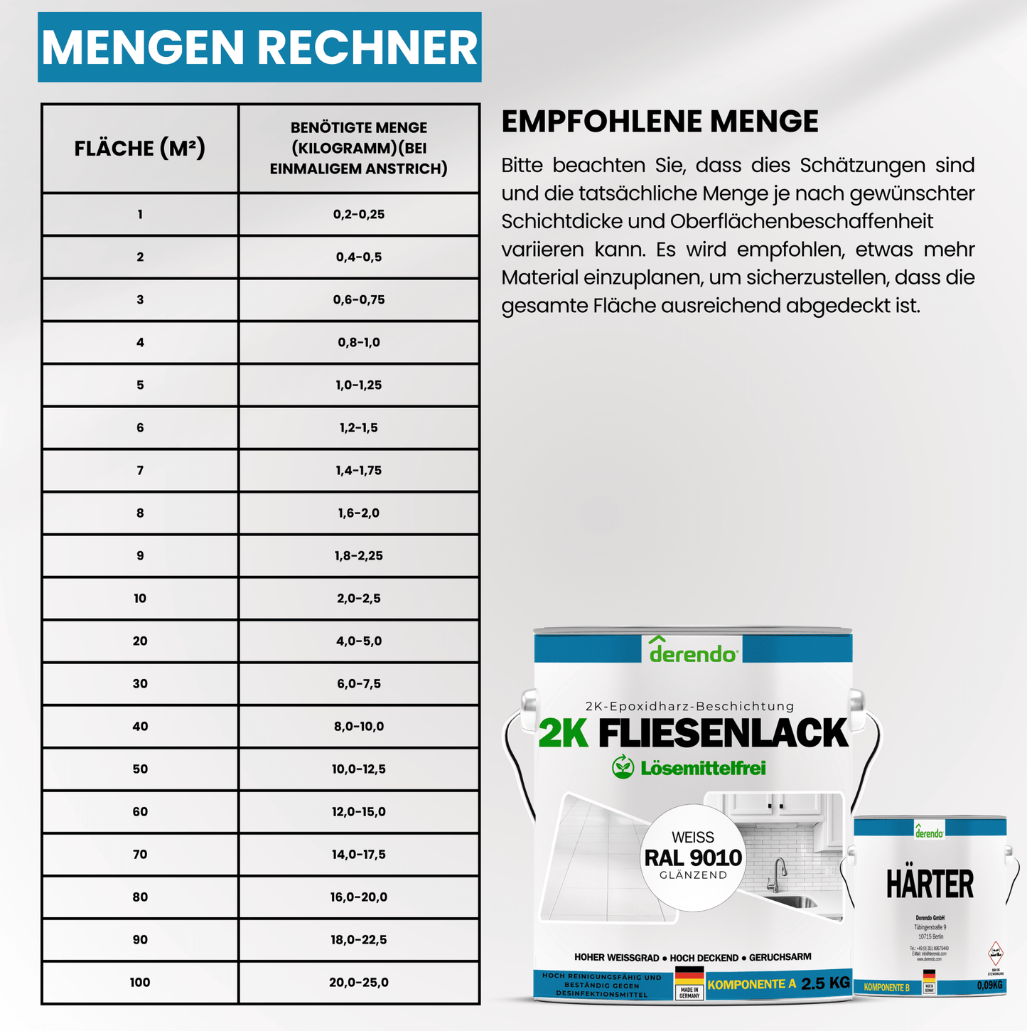 2K Fliesenlack weiß - RAL9010 in 1.0 kg – Produktbild von Derendo