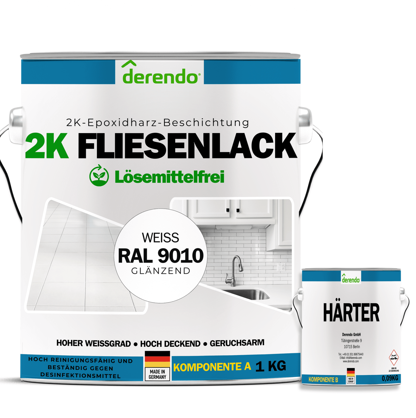 2K Fliesenlack weiß - RAL9010 in 1.0 kg – Produktbild von Derendo