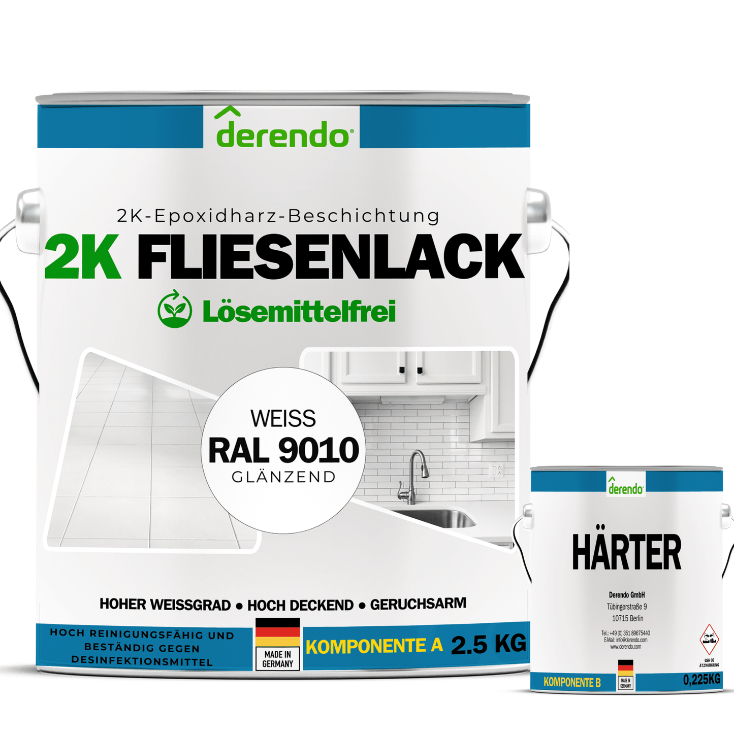 2K Fliesenlack weiß - RAL9010 in 2.5 kg – Produktbild von Derendo