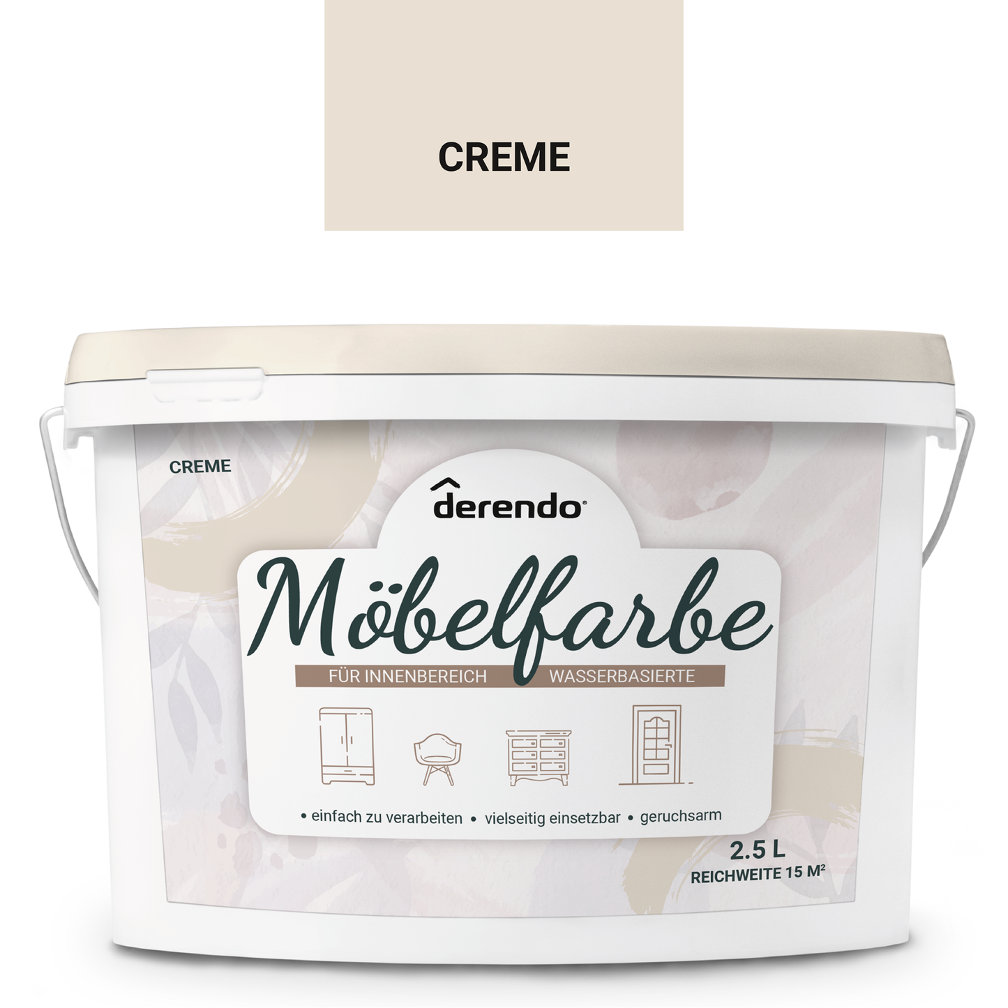 Derendo Möbelfarbe Creme 2,5 L – Holzfarbe für Innen – Ohne Schleifen, Hochdeckend & Wasserbasiert – Für Möbel, Türen & Küchen – Umweltfreundlich & Geruchsarm