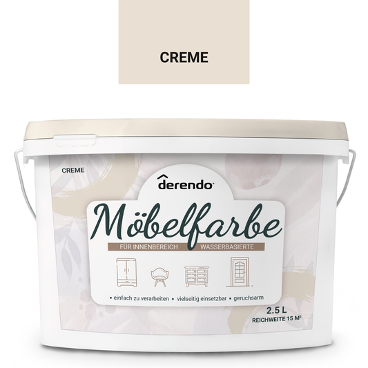 Derendo Möbelfarbe Creme 2,5 L – Holzfarbe für Innen – Ohne Schleifen, Hochdeckend & Wasserbasiert – Für Möbel, Türen & Küchen – Umweltfreundlich & Geruchsarm