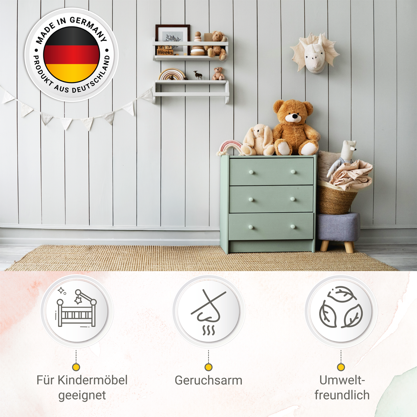 Derendo® Möbelfarbe Salbeigrün 750ml – Möbelfarbe ohne Schleifen + Lackier-Roller-Set