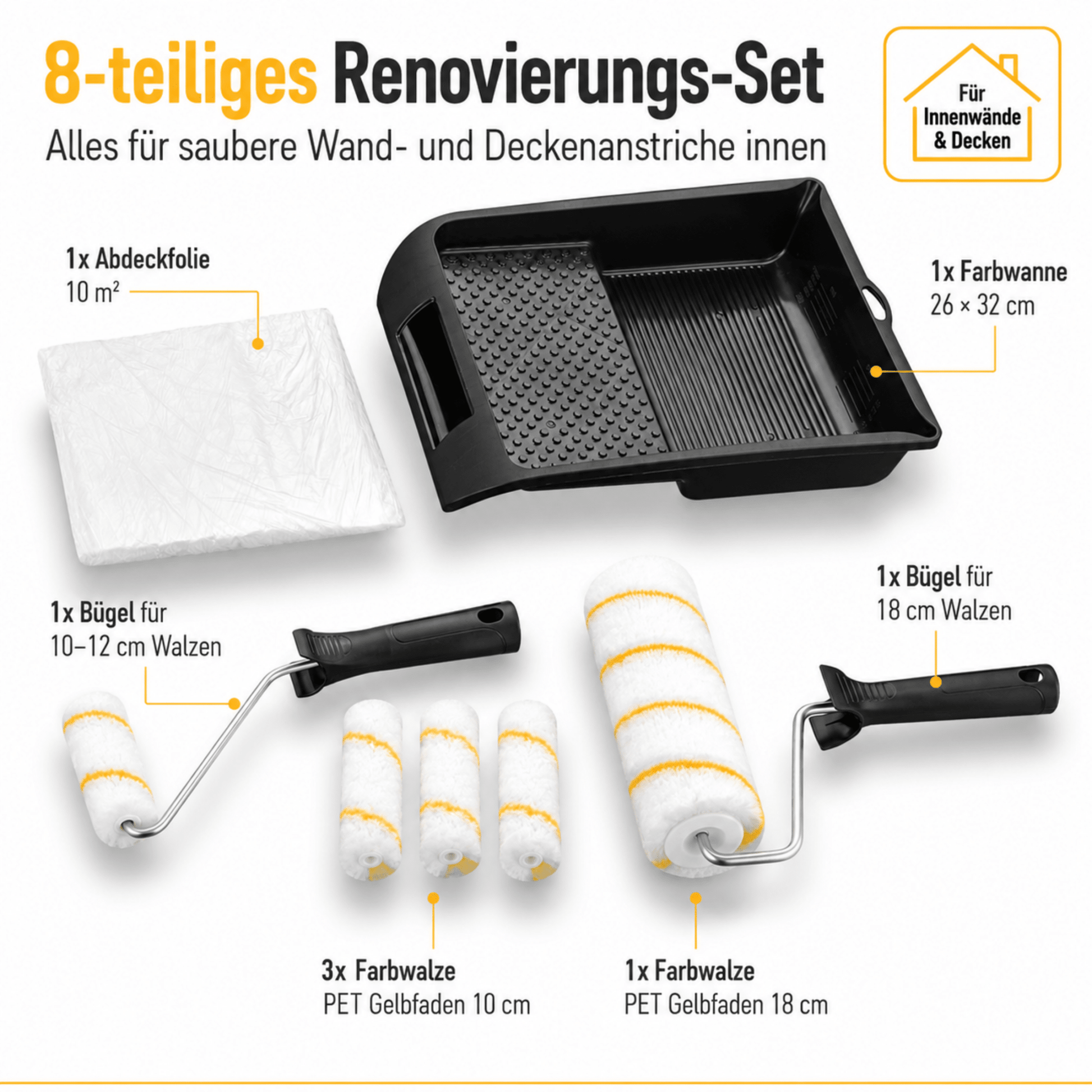 Derendo® 8-teiliges Renovierungs-Set – Farbwalzen-Set für Wand- & Deckenanstriche in – Produktbild von Derendo
