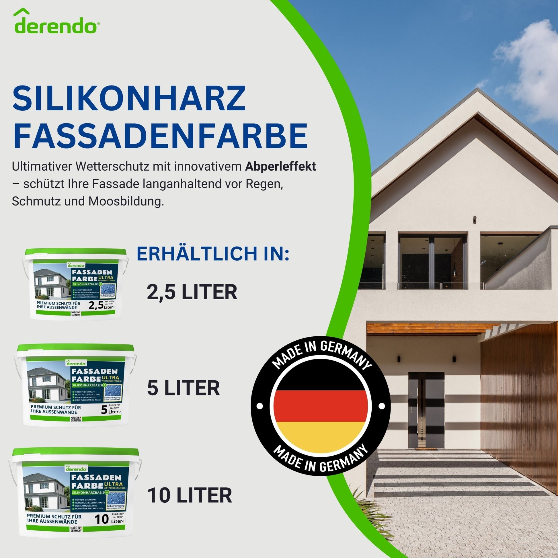 Derendo Fassadenfarbe Altweiss mit ULTRA Wetterschutz und Abperleffekt - 4251604914804 - Derendo