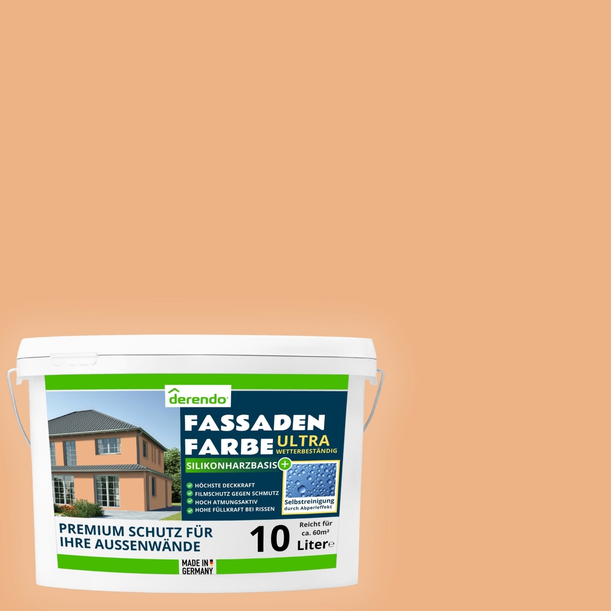 Derendo Fassadenfarbe Aprikose mit ULTRA Wetterschutz und Abperleffekt in 10L – Produktbild von Derendo