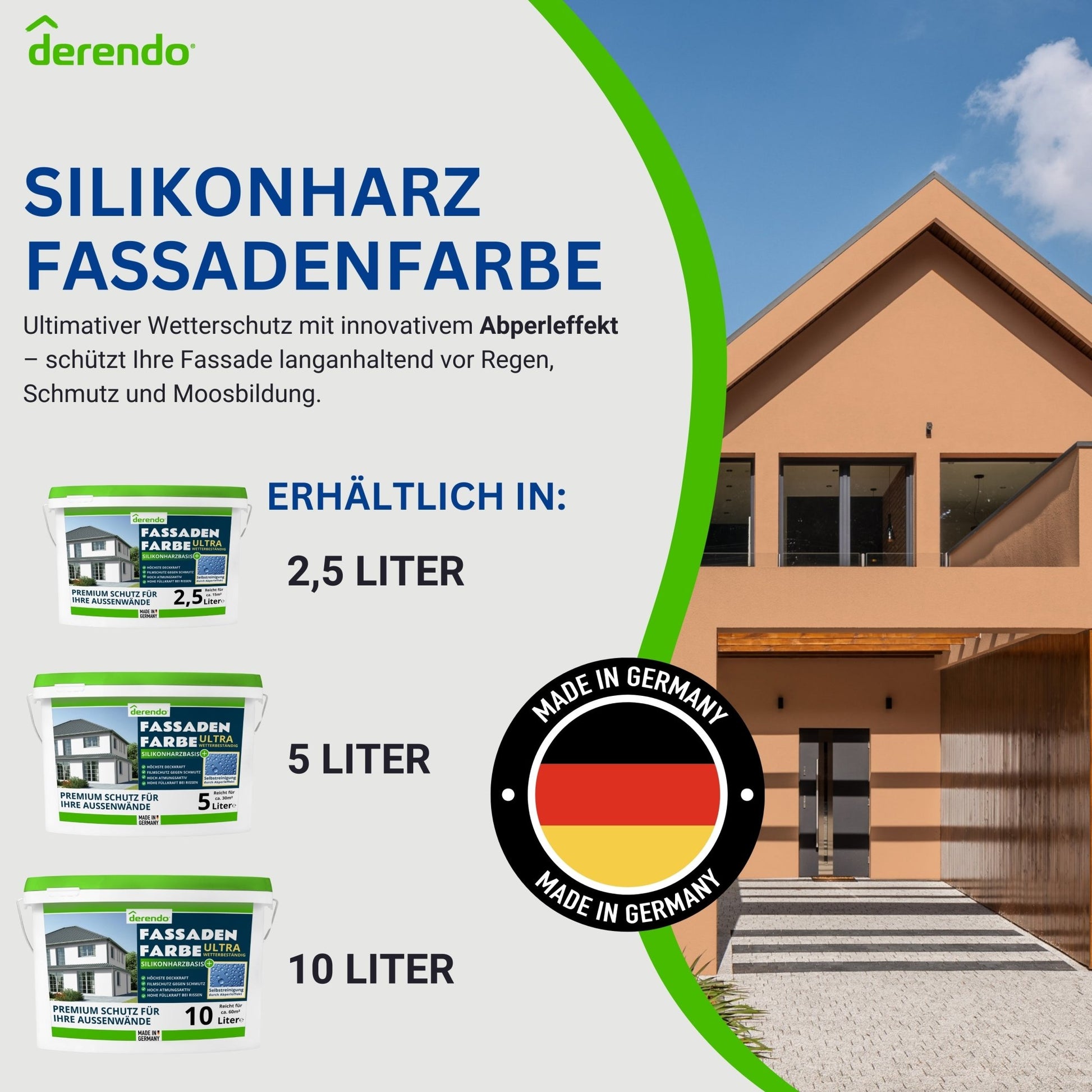 Derendo Fassadenfarbe Aprikose mit ULTRA Wetterschutz und Abperleffekt - 4251604918673 - Derendo