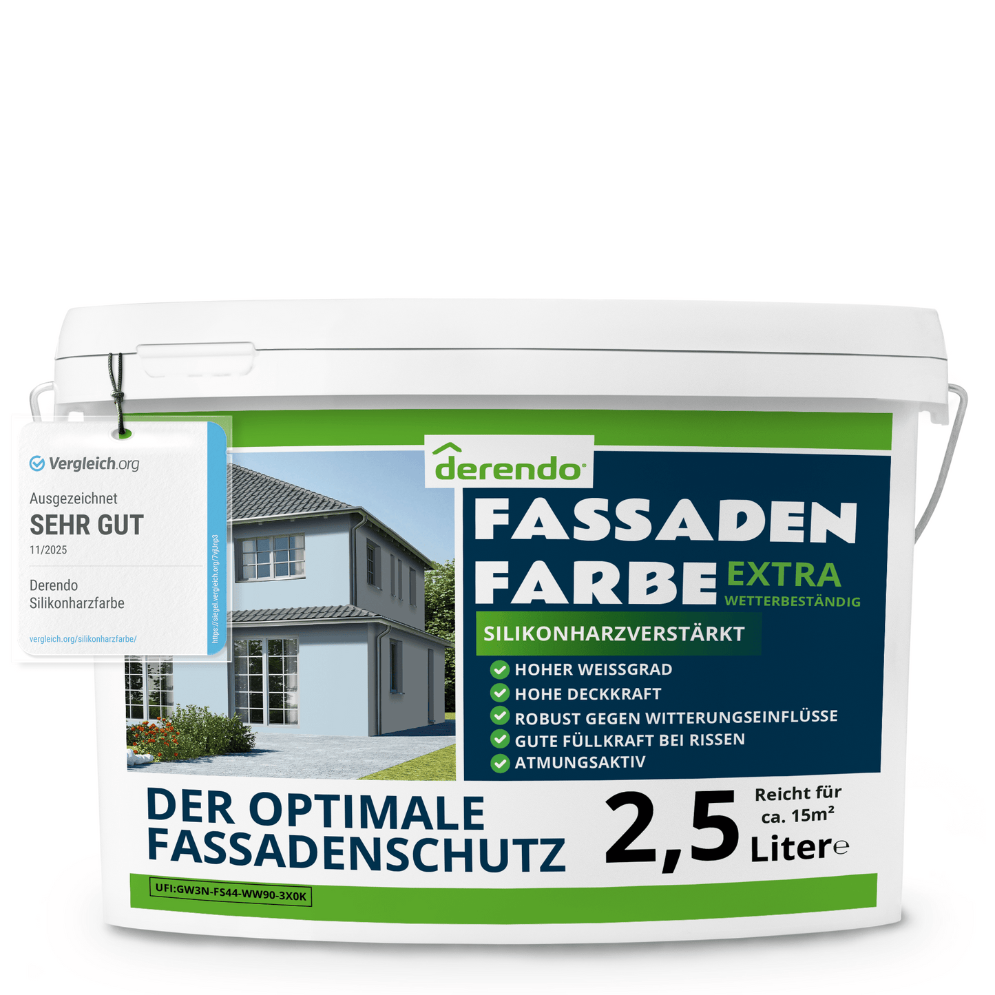 Derendo Fassadenfarbe Babyblau mit EXTRA Wetterschutz in 2.5 Liter – Produktbild von Derendo